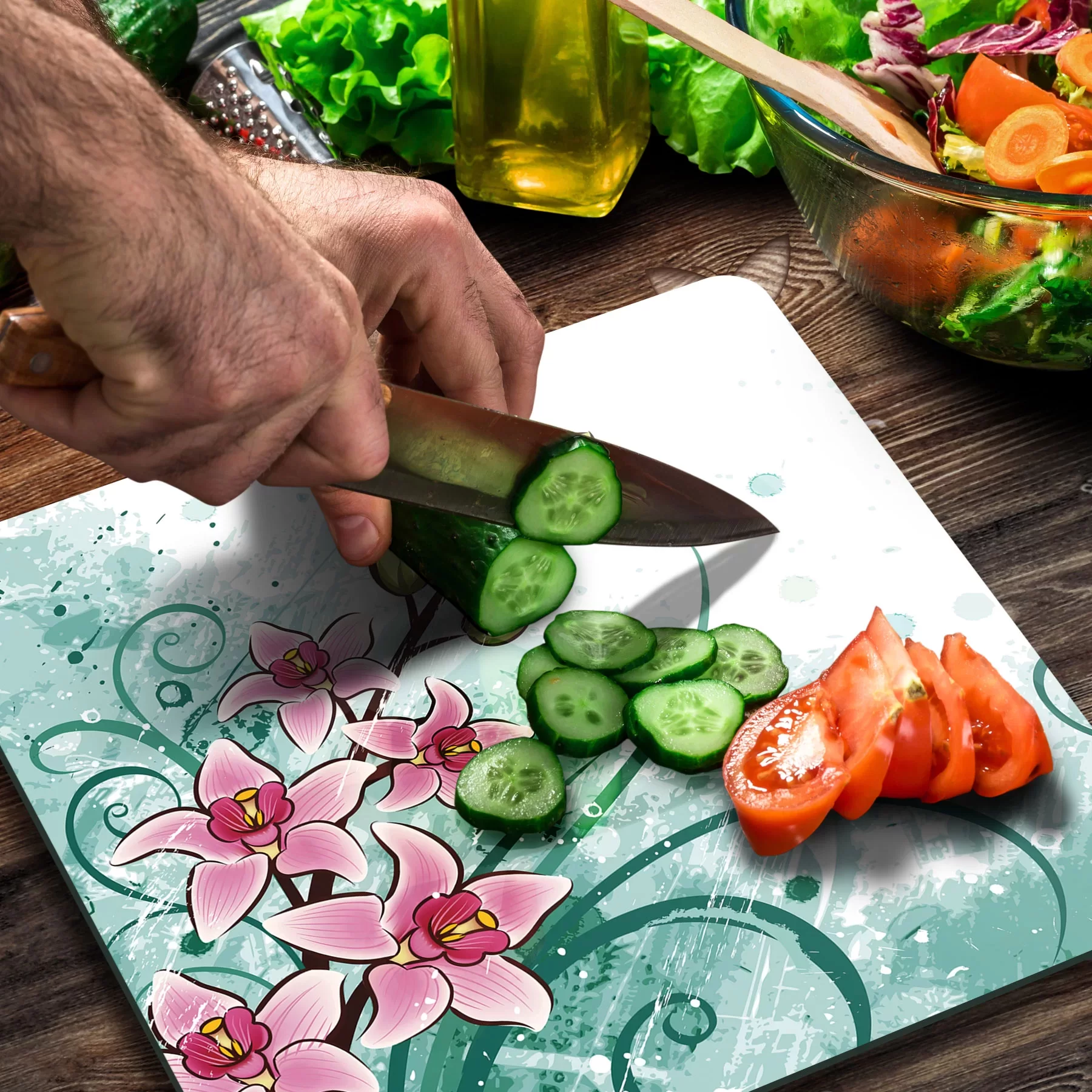 Picture of Decovetro Cam Kesme Tahtası ve Sunumluk Kare Eskitme Çiçek Desenli 30x30 Cm