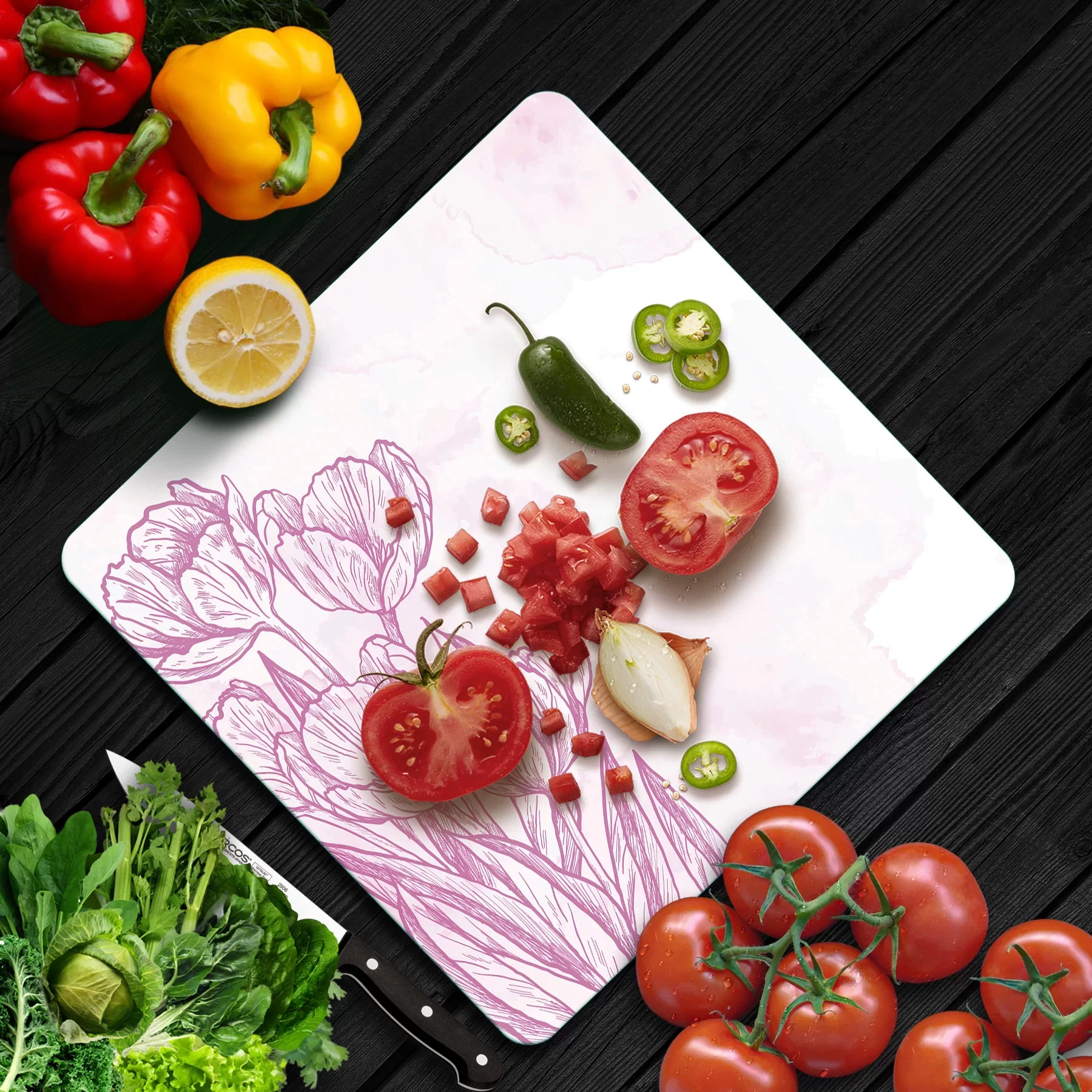 Picture of Decovetro Cam Kesme Tahtası ve Sunumluk Kare Karakalem Gül Desenli 30x30 Cm