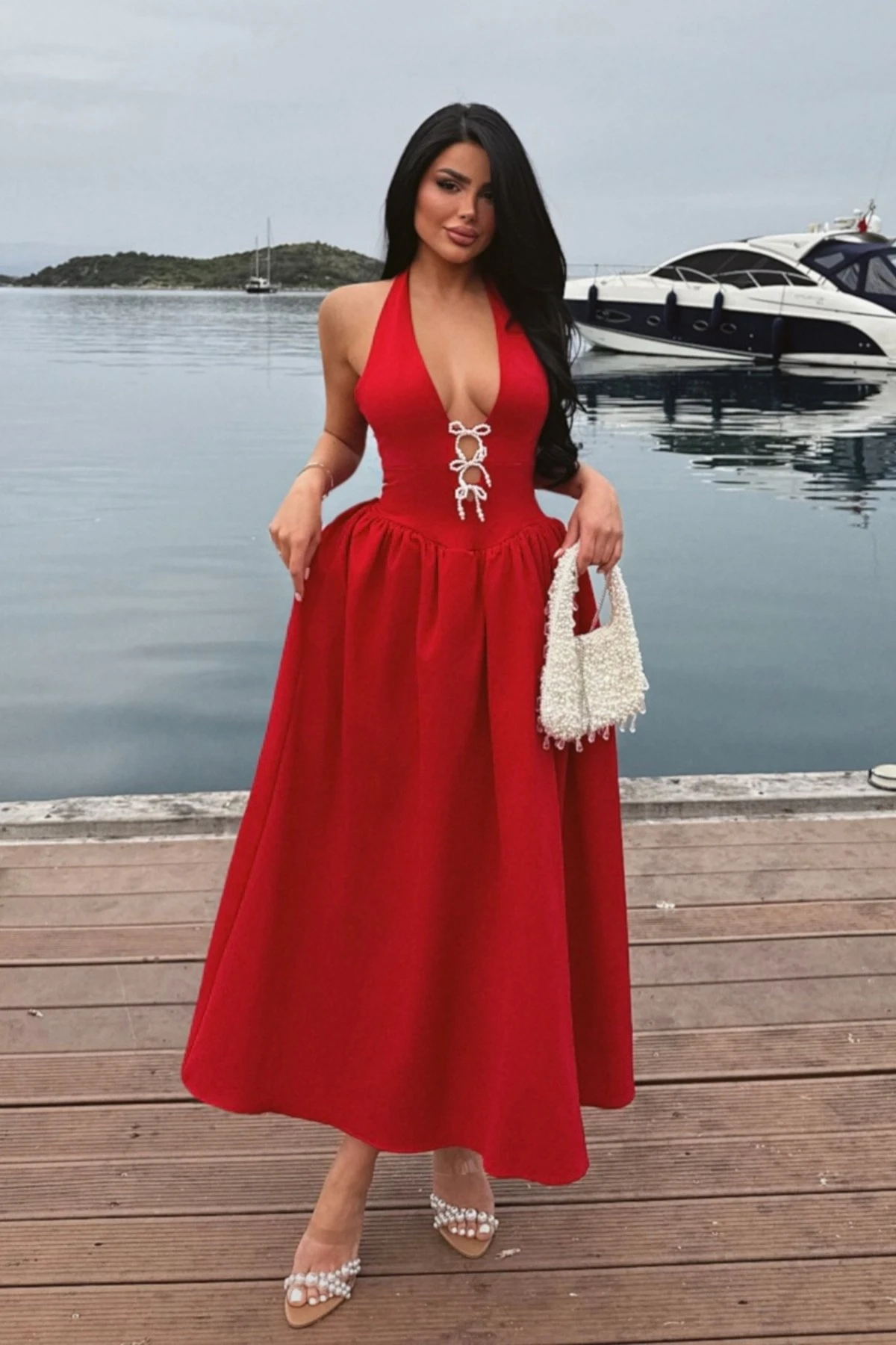 Picture of Red Ballerina Pearl Bow Detail Dress