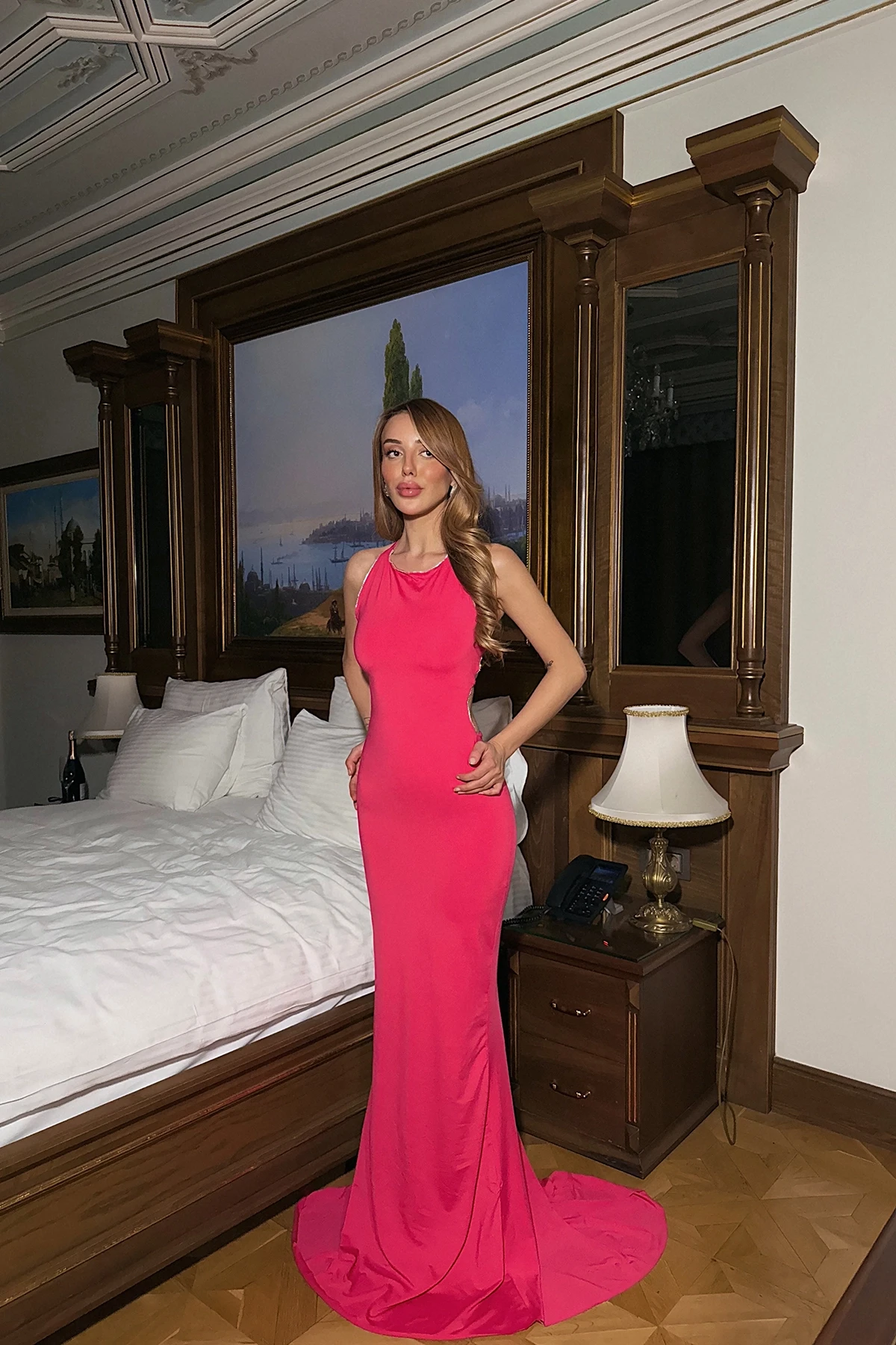 Picture of Fuchsia Spence Dress with Sparkly Edges and Low-cut Back