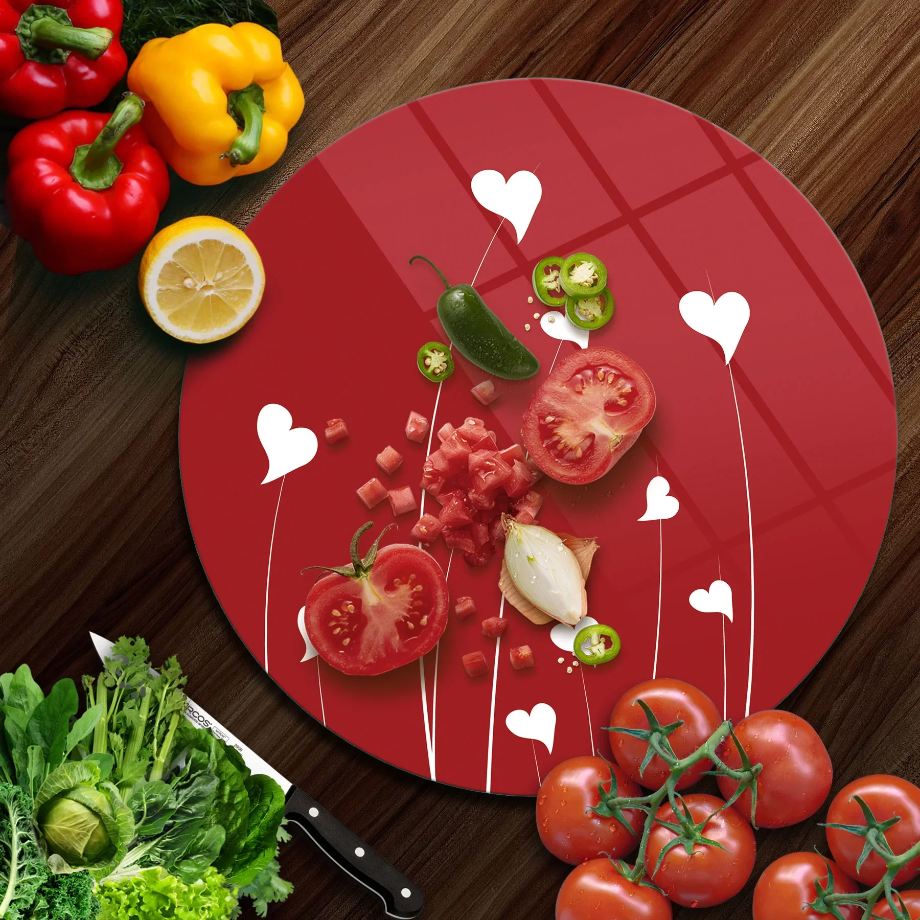 Picture of Decovetro Cam Kesme Tahtası ve Sunumluk Yuvarlak Kırmızı Beyaz Kalp Desenli 30x30 Cm