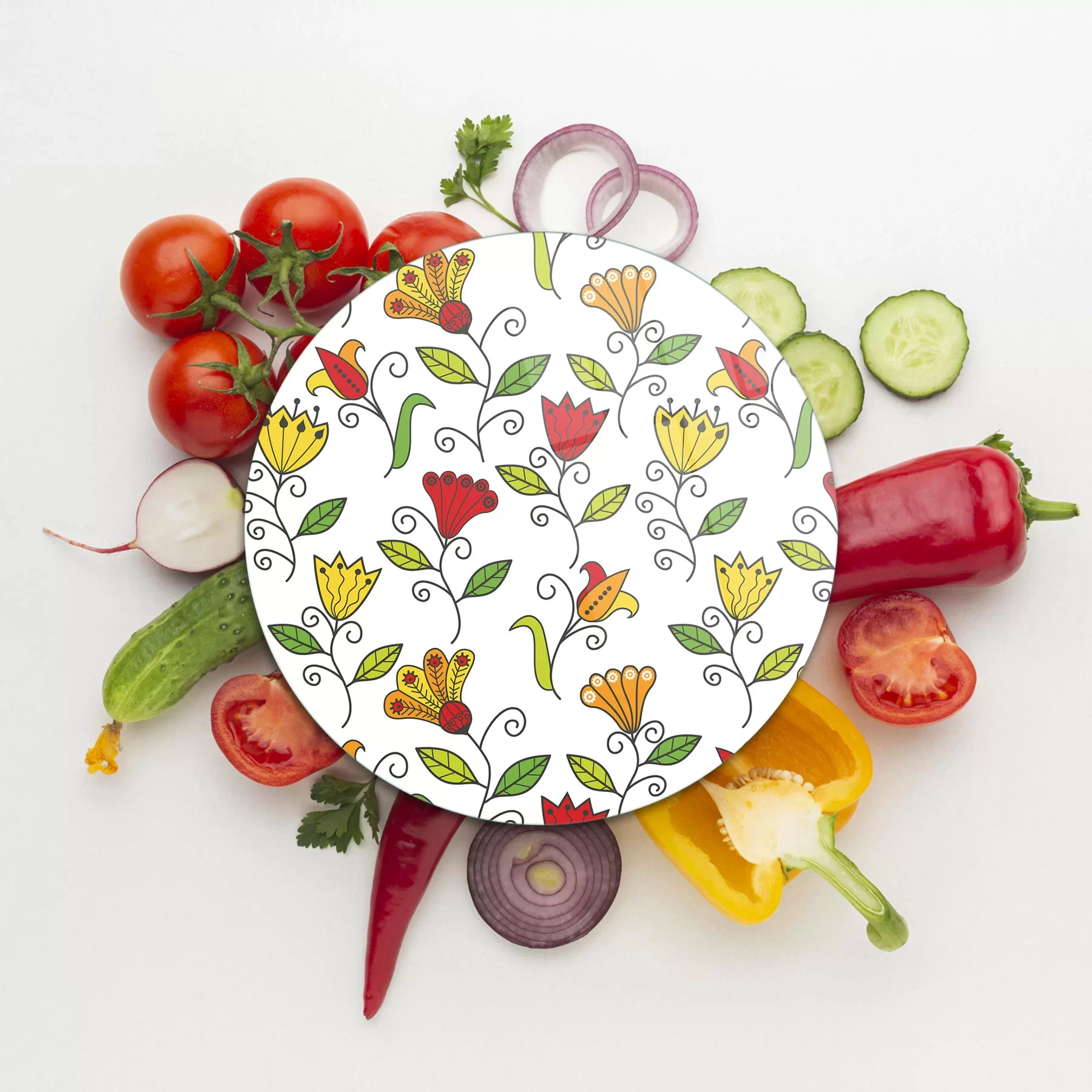 Picture of Decovetro Cam Kesme Tahtası ve Sunumluk Yuvarlak Renkli Çiçekler Desenli 30x30 Cm