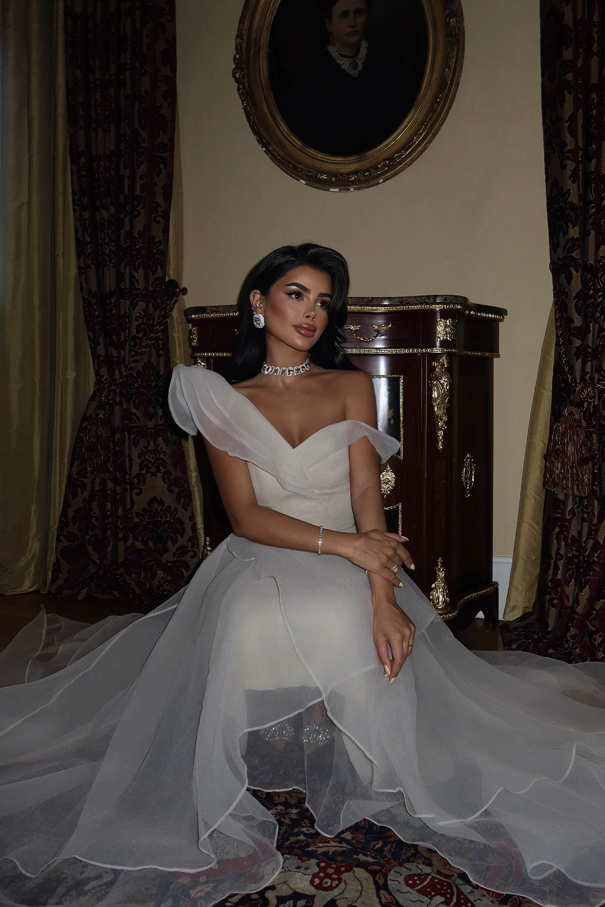 Picture of White Tulle Detail Long Evening Dress