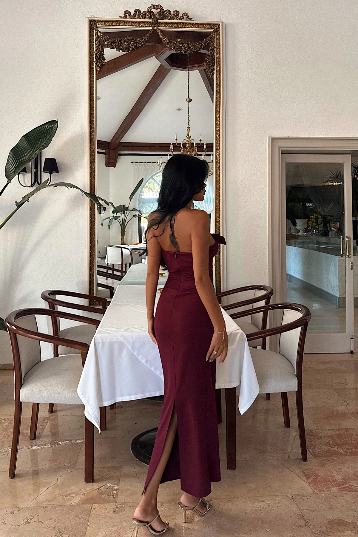 Picture of Strapless Midi Dress in Cherry Maroon