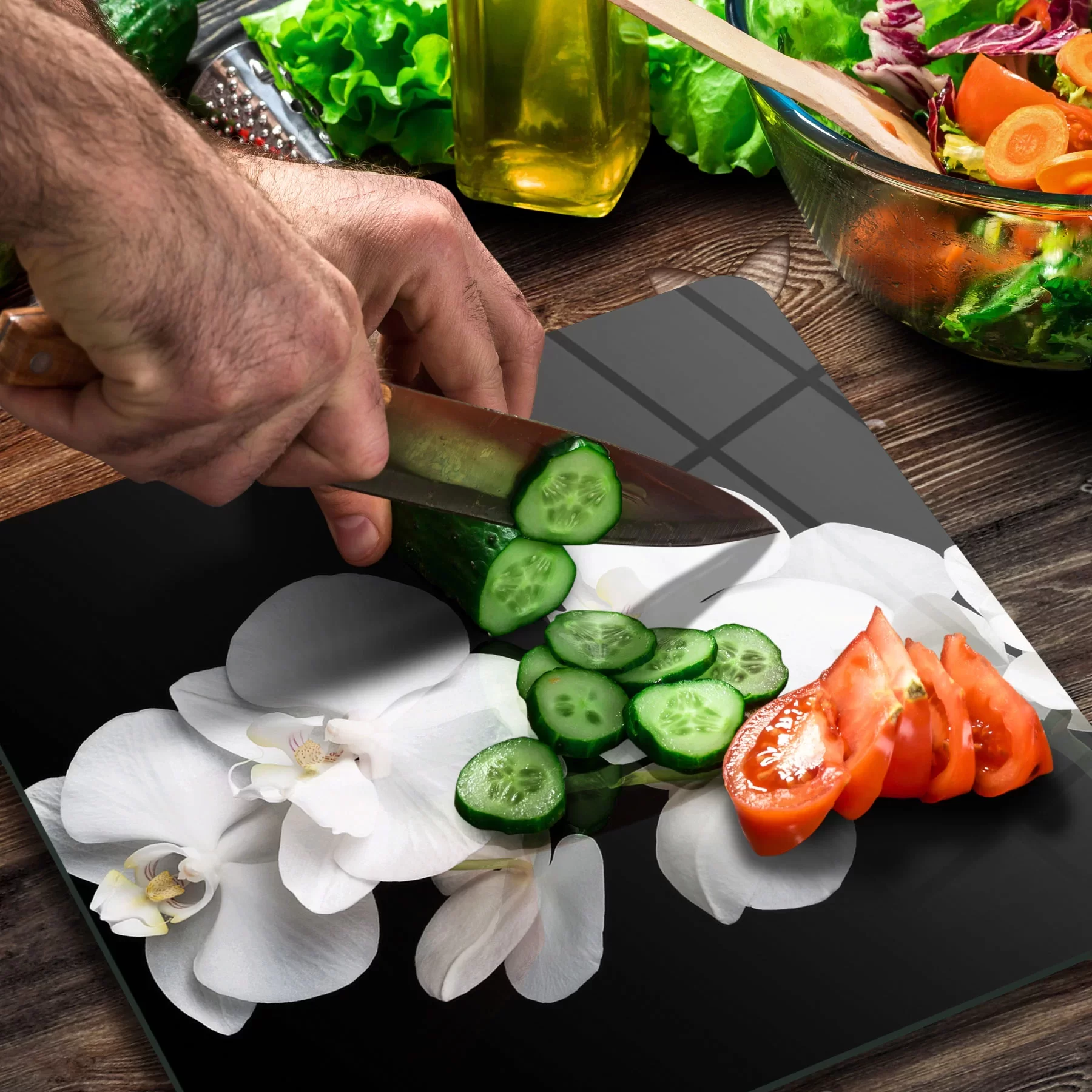 Picture of Decovetro Cam Kesme Tahtası ve Sunumluk Kare Orkide Desenli 30x30 Cm