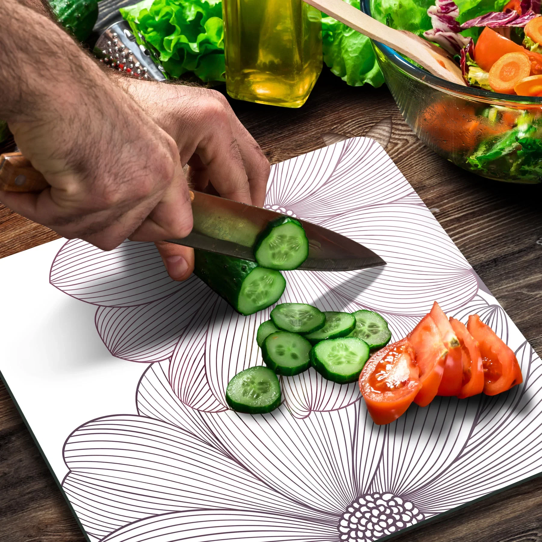 Picture of Decovetro Cam Kesme Tahtası ve Sunumluk Kare Çizgi Çiçekler Desenli 30x30 Cm