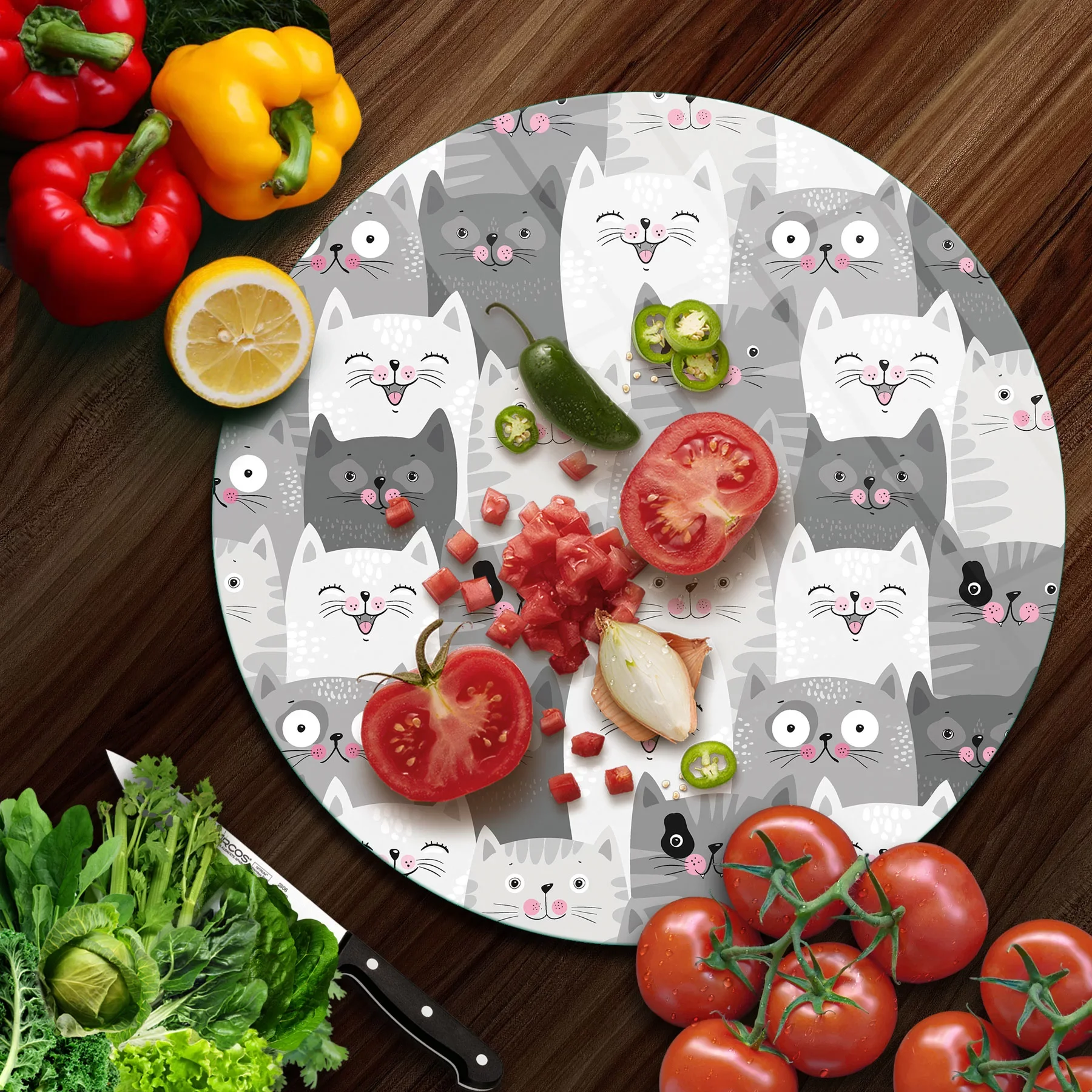 Picture of Decovetro Cam Kesme Tahtası ve Sunumluk Yuvarlak Sevimli Kediler Desenli 30x30 Cm