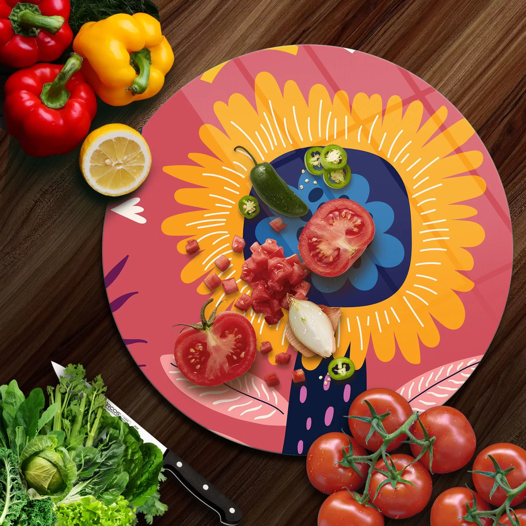 Picture of Decovetro Cam Kesme Tahtası ve Sunumluk Yuvarlak Somon Çiçek Desenli 30x30 Cm