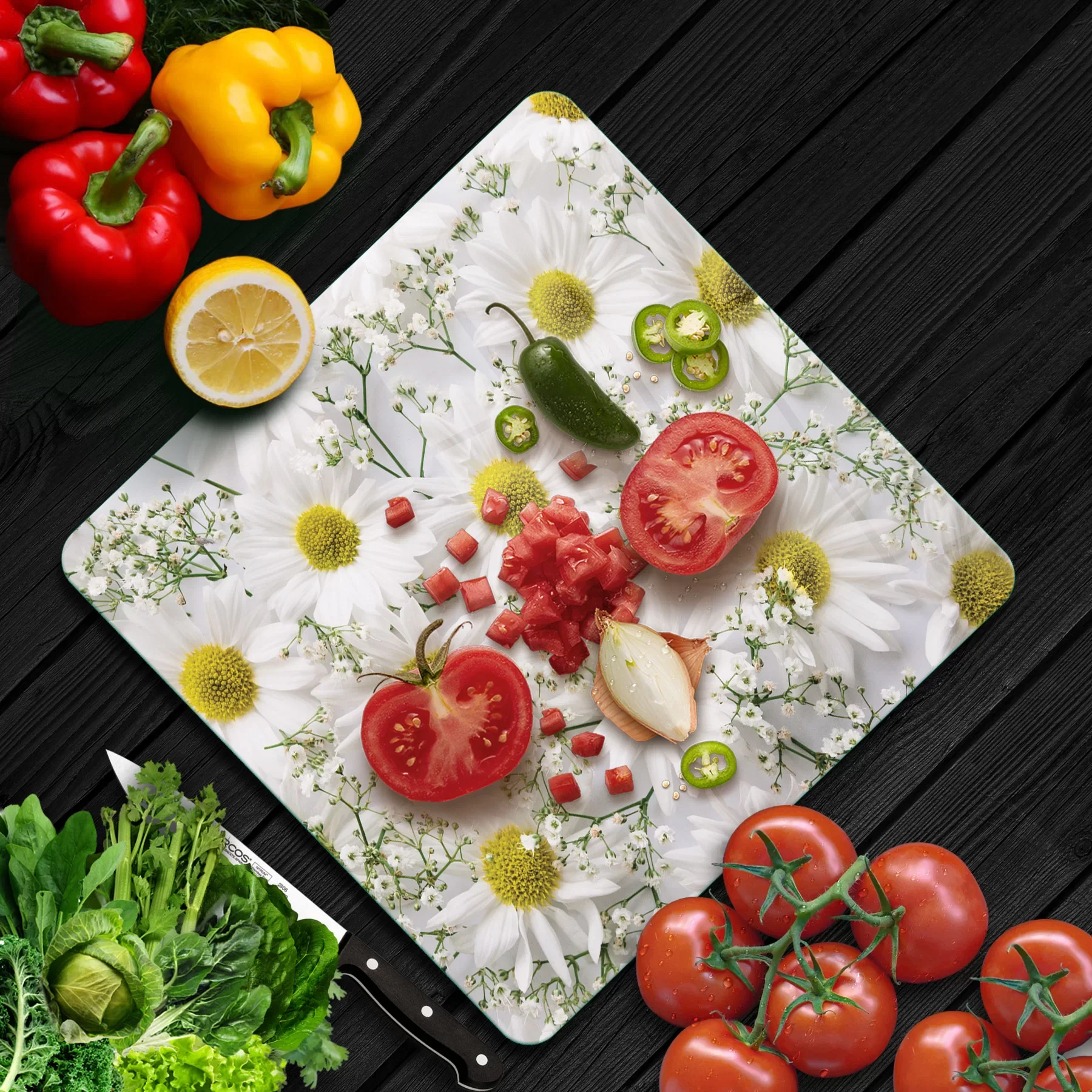 Picture of Decovetro Cam Kesme Tahtası ve Sunumluk Kare Papatya Desenli 30x30 Cm