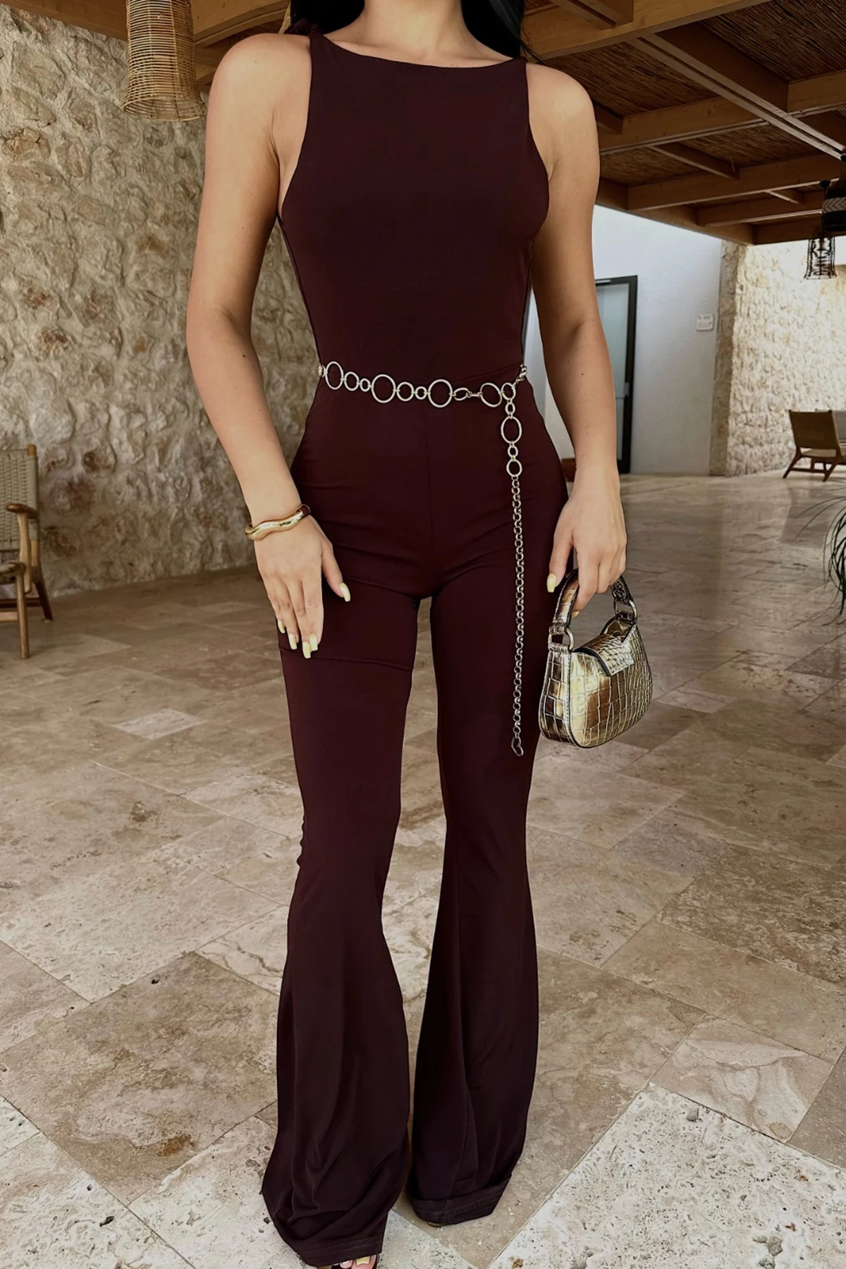Picture of Brown Back Detailed Jumpsuit