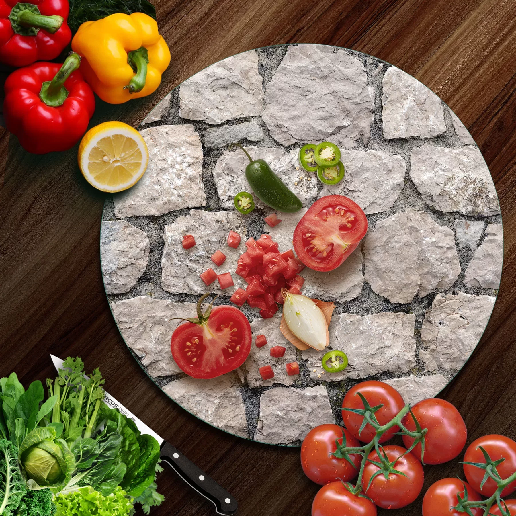 Picture of Decovetro Cam Kesme Tahtası ve Sunumluk Yuvarlak Taş Duvar Desenli 30x30 Cm