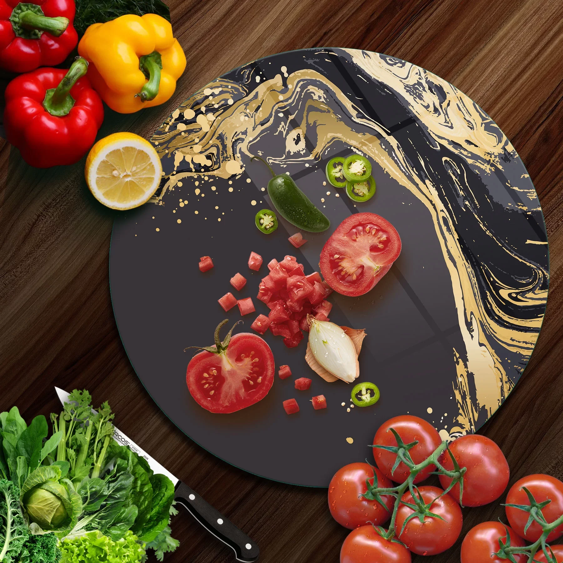 Picture of Decovetro Cam Kesme Tahtası ve Sunumluk Yuvarlak Gold Dalga Desenli 30x30 Cm