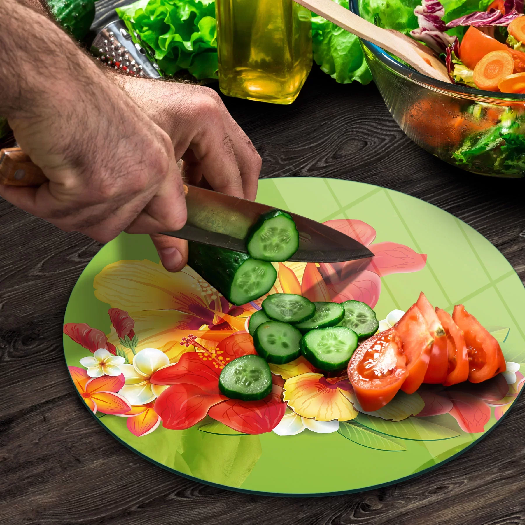 Picture of Decovetro Cam Kesme Tahtası ve Sunumluk Yuvarlak Renkli Çiçek Desenli 30x30 Cm