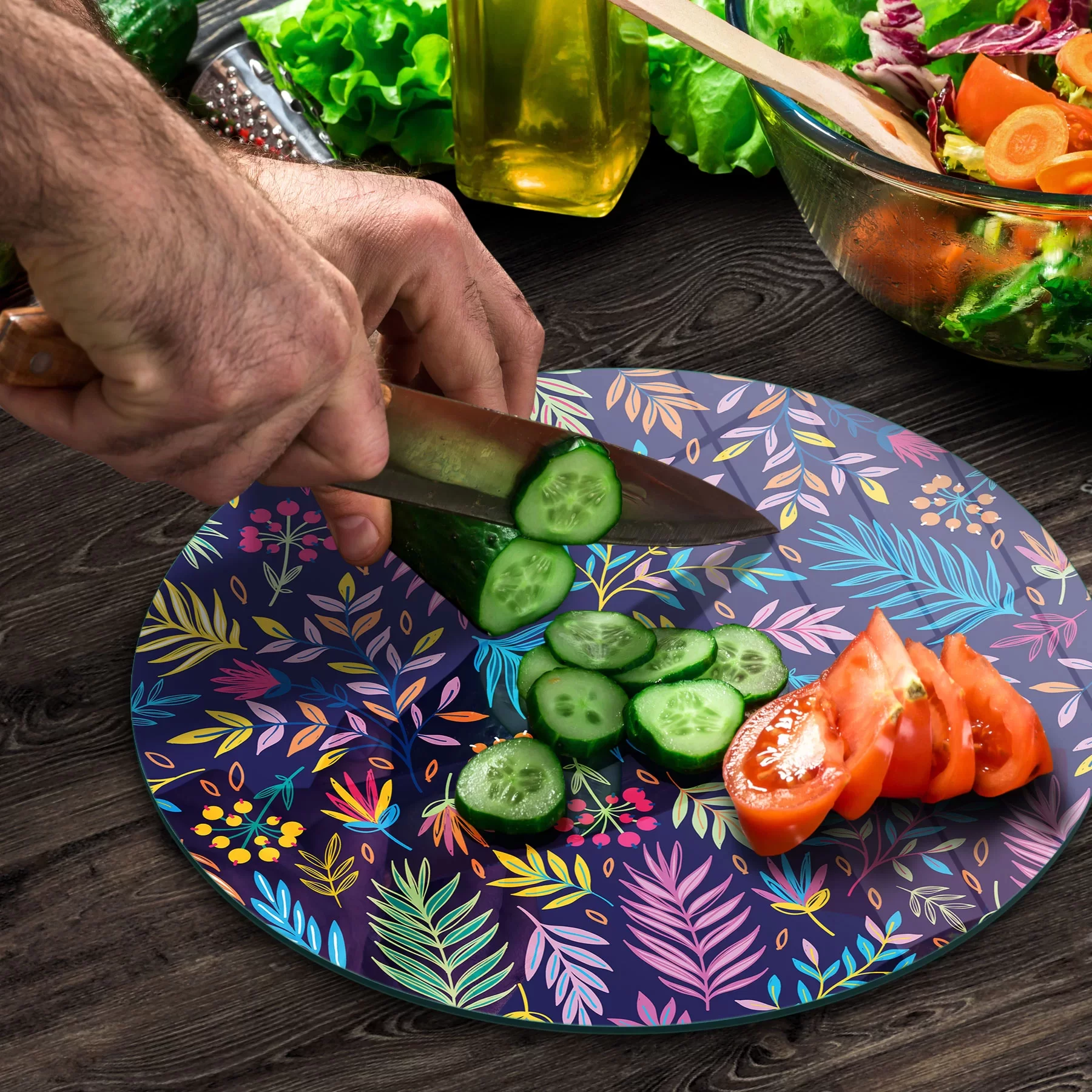 Picture of Decovetro Cam Kesme Tahtası ve Sunumluk Yuvarlak Renkli Yaprak Desenli 30x30 Cm