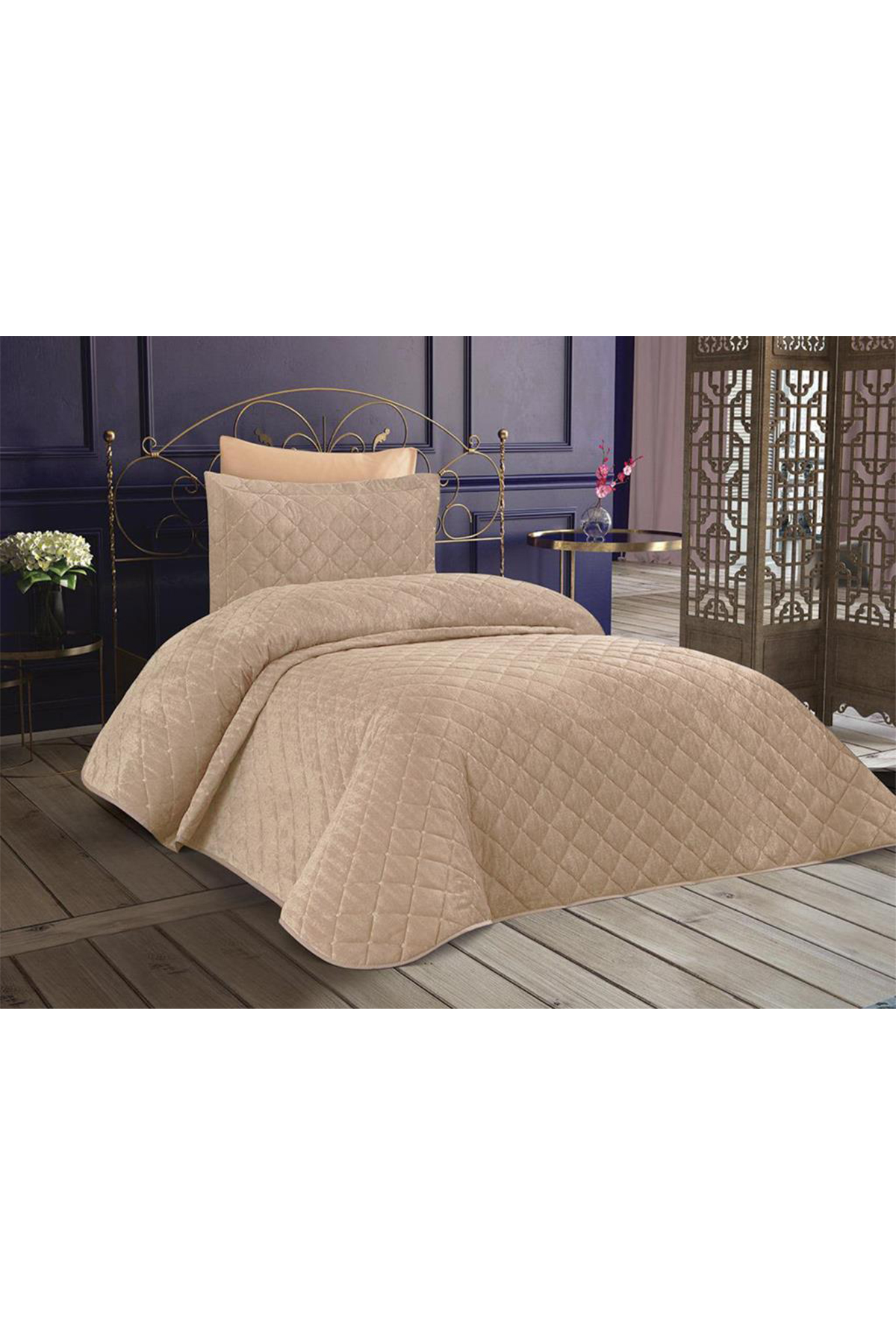 Picture of Dessert Kadife Tek Kişilik Yatak Örtüsü Bej