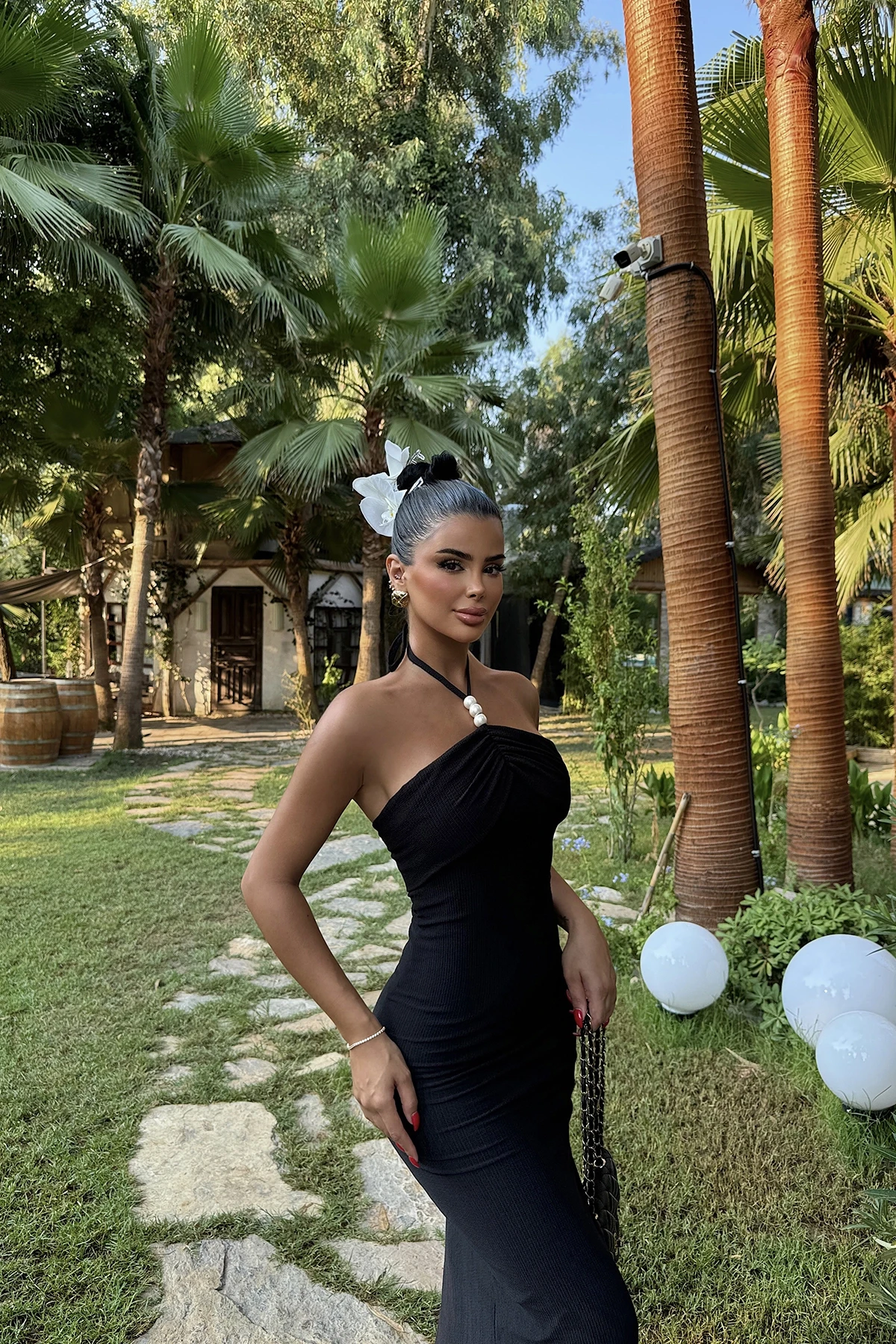 Picture of Black Nina Pearl Detail Halter Neck Dress