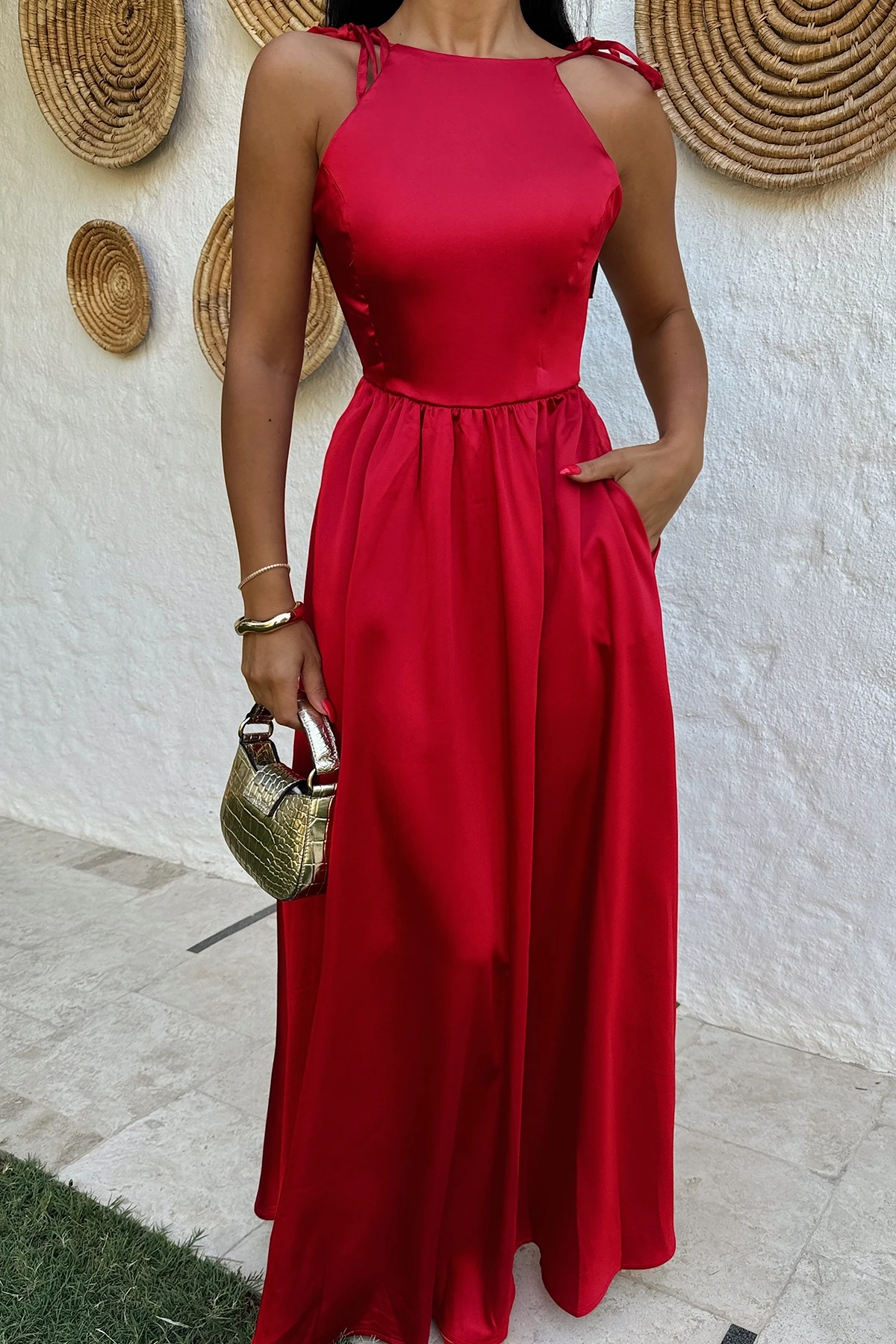 Picture of Red Satin Back Detail Long Dress
