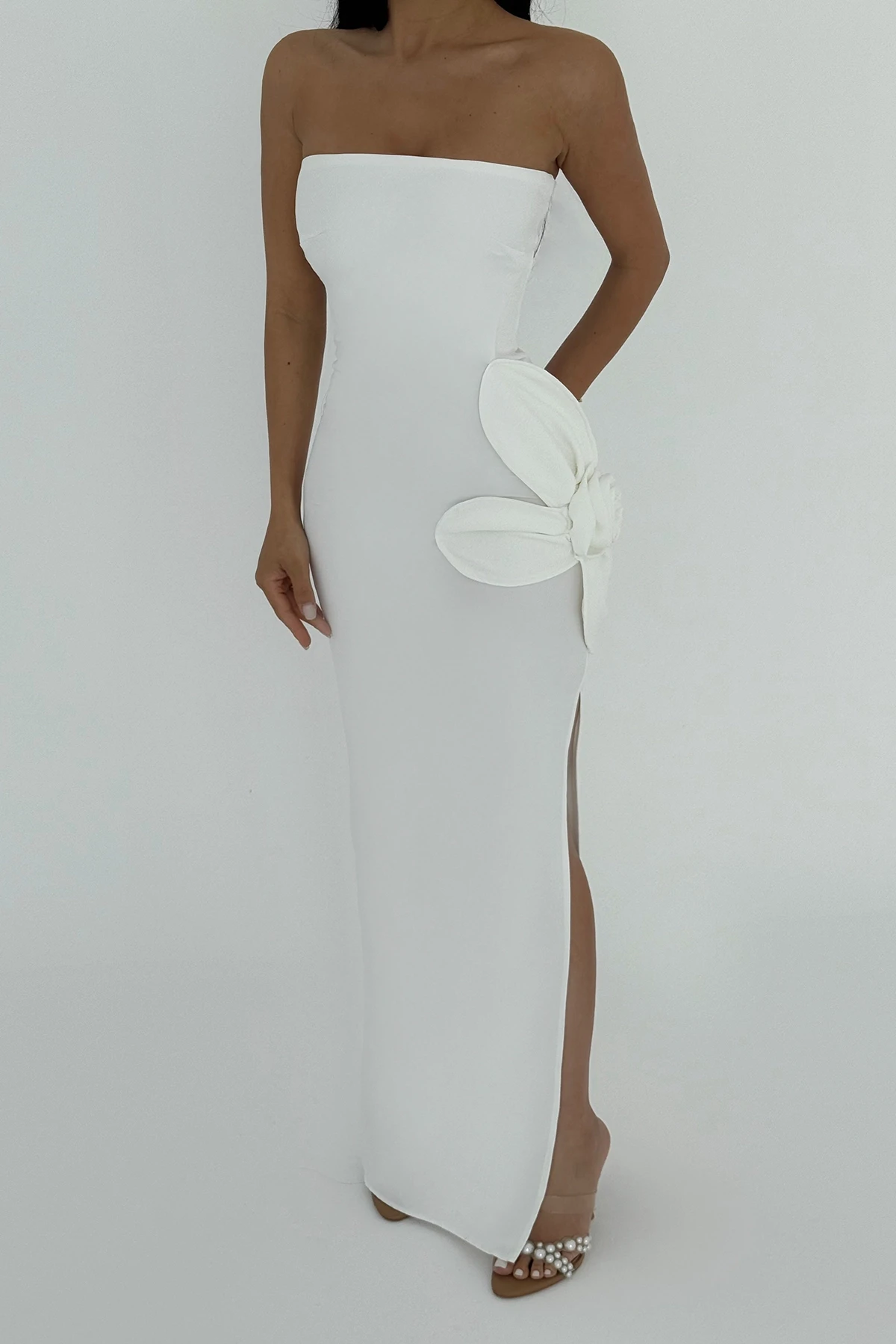 Picture of White Rose Detail Strapless Dress