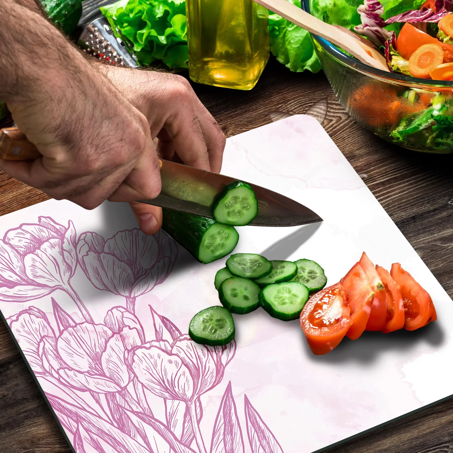 Picture of Decovetro Cam Kesme Tahtası ve Sunumluk Kare Karakalem Gül Desenli 30x30 Cm