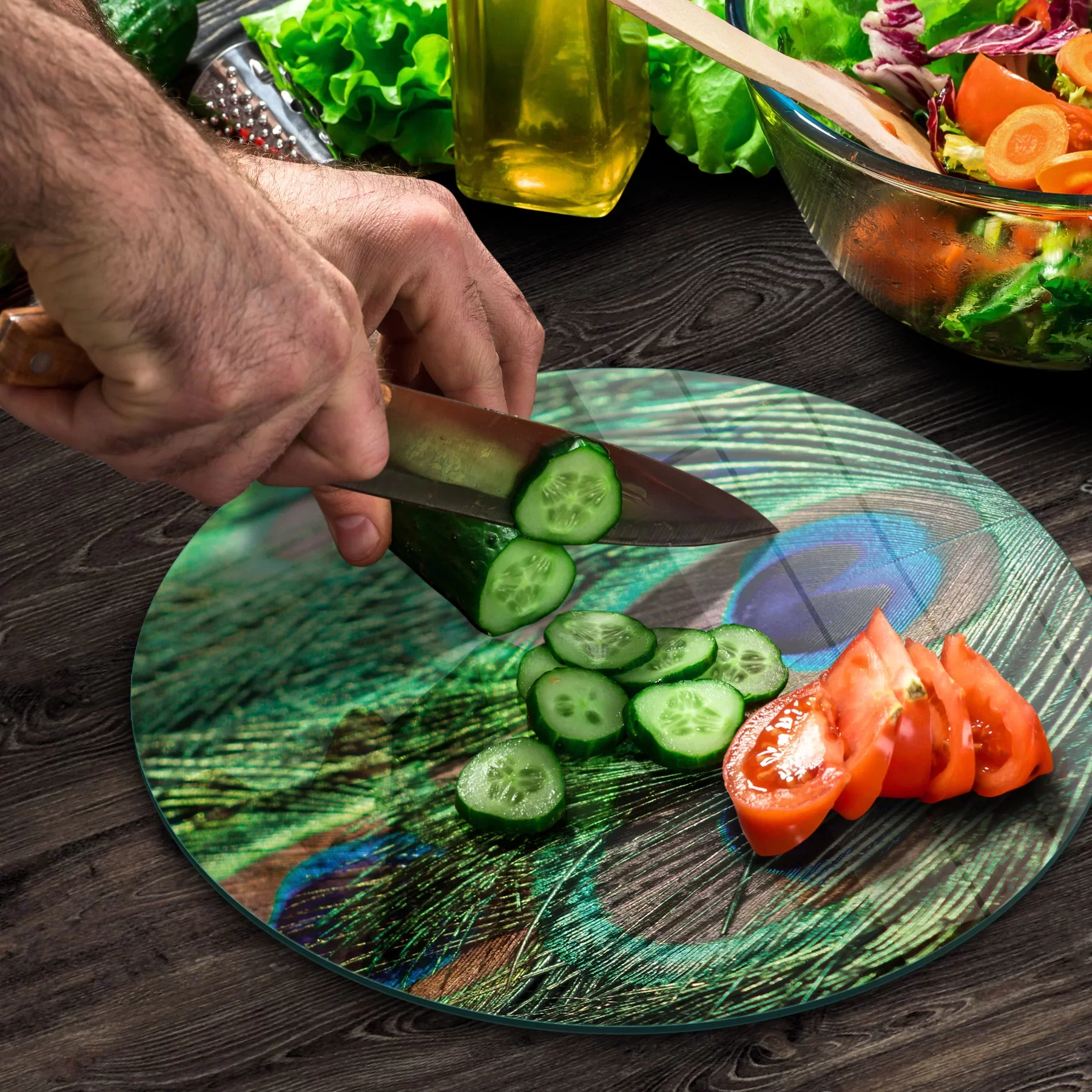 Picture of Decovetro Cam Kesme Tahtası ve Sunumluk Yuvarlak Tüy Desenli 30x30 Cm