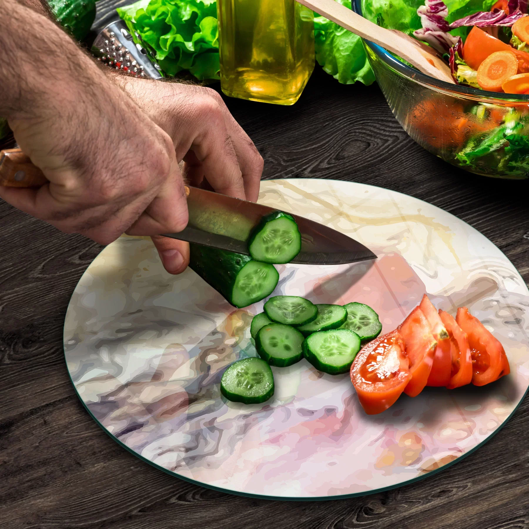 Picture of Decovetro Cam Kesme Tahtası ve Sunumluk Yuvarlak Karışık Mermer Desenli 30x30 Cm