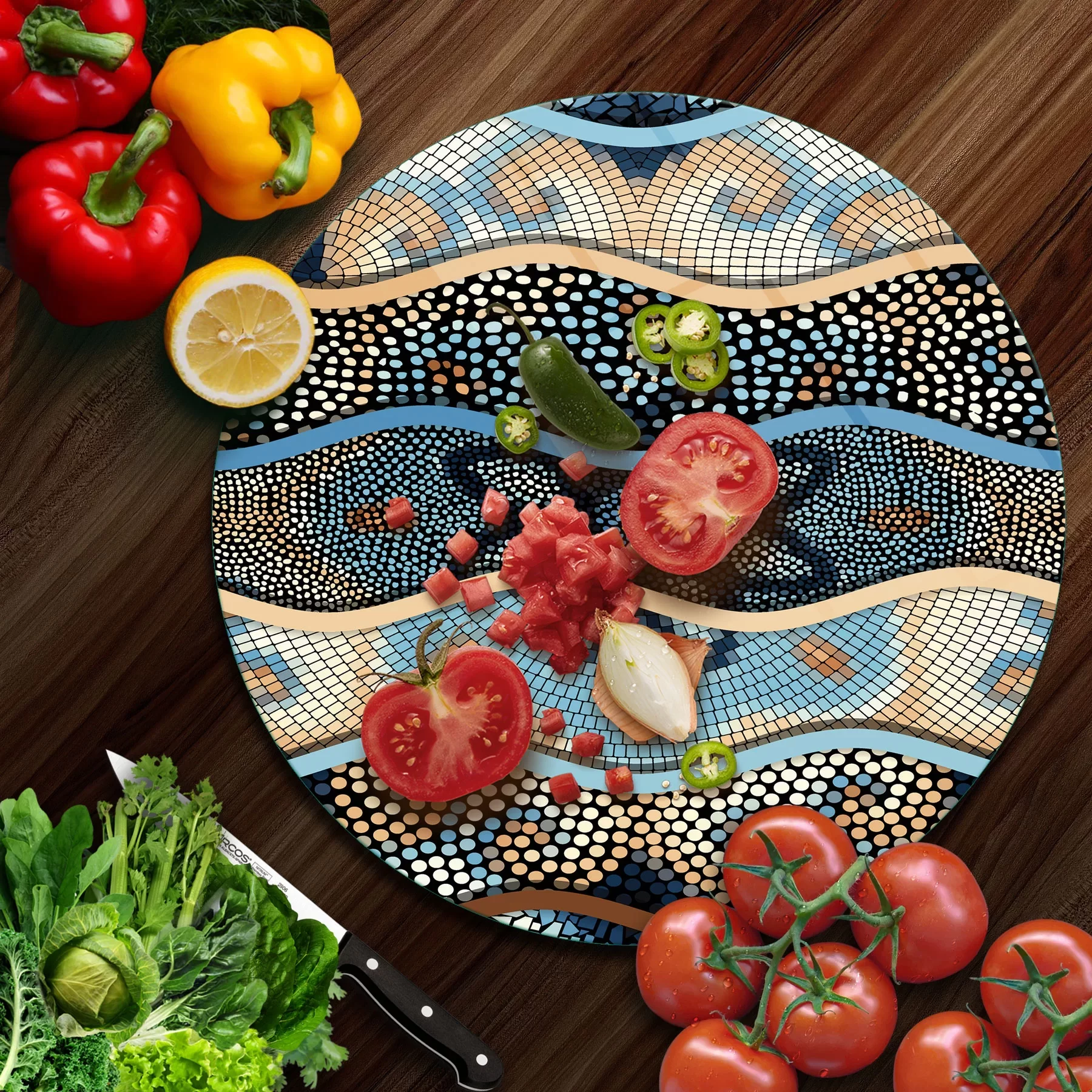 Picture of Decovetro Cam Kesme Tahtası ve Sunumluk Yuvarlak Mozaik Çini Desenli 30x30 Cm