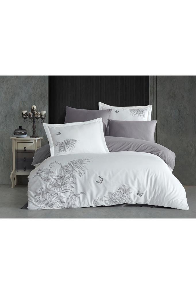 Picture of Tropical Nakışlı %100 Pamuk Saten Çift Kişilik Nevresim Takımı Krem Gri