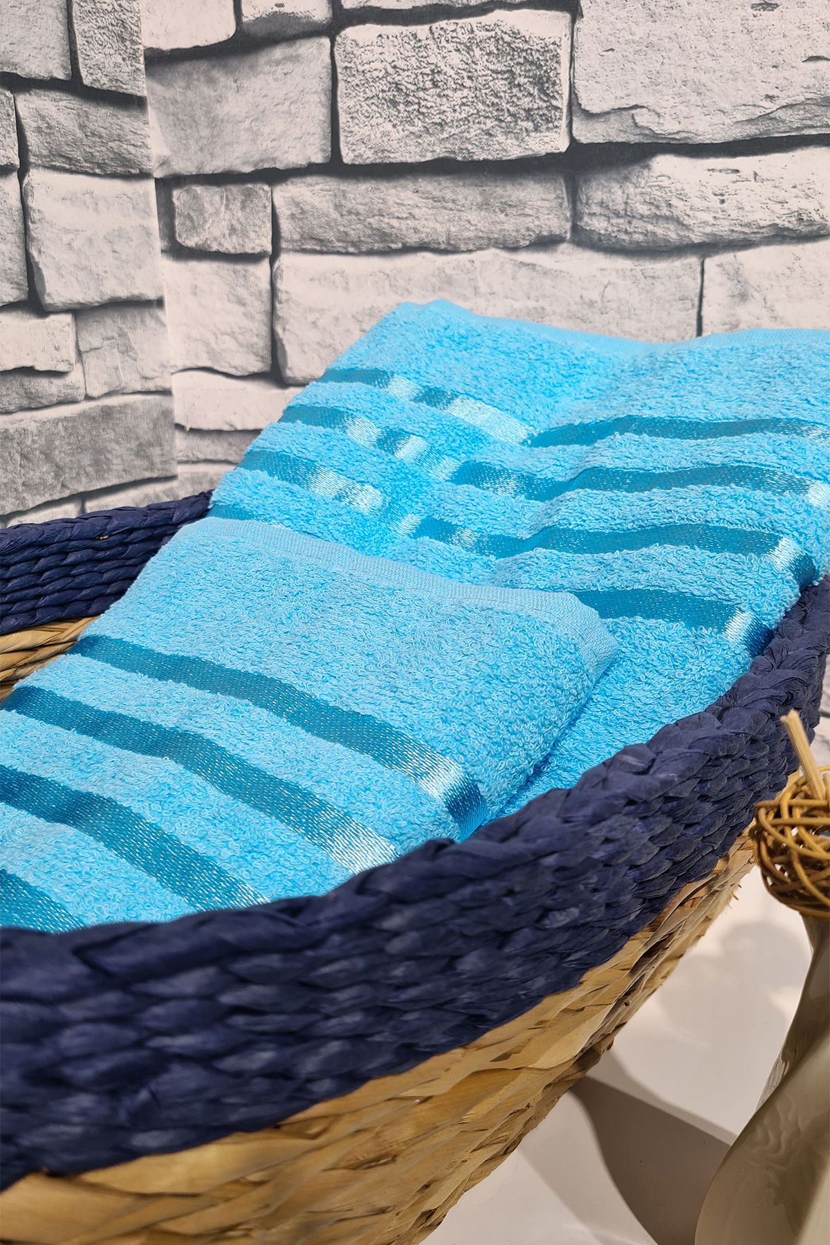 Picture of Plain %100 Pamuklu Jakarlı 2 Li Havlu Seti Turkuaz