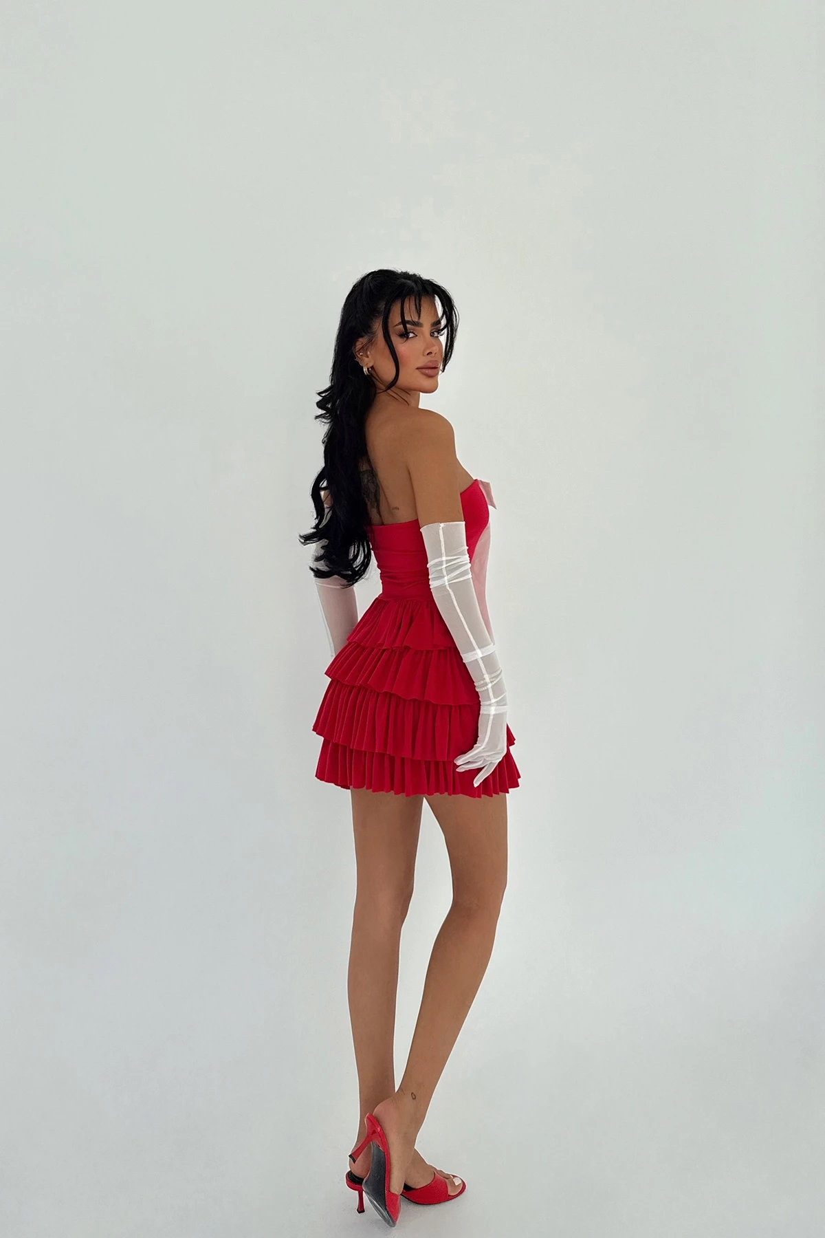 Picture of Red Ramblas Mini Ruffle Dress with Glove Detail