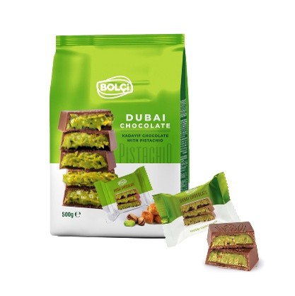 Picture of PISTACHIO KADAYIF FILLED MILK CHOCOLATE SQUARE 500g