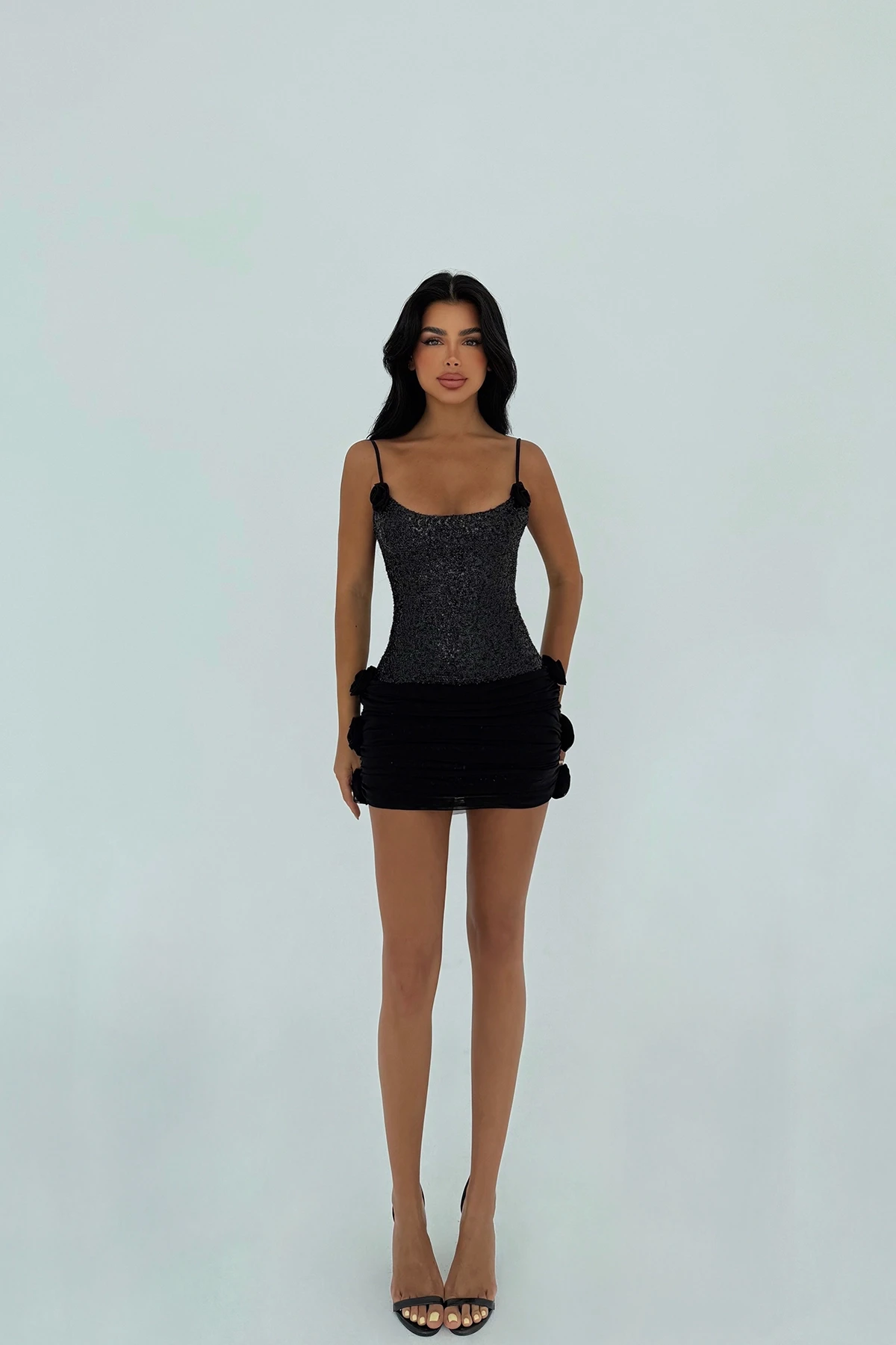 Picture of Black Rose Detailed Strap Mini Dress