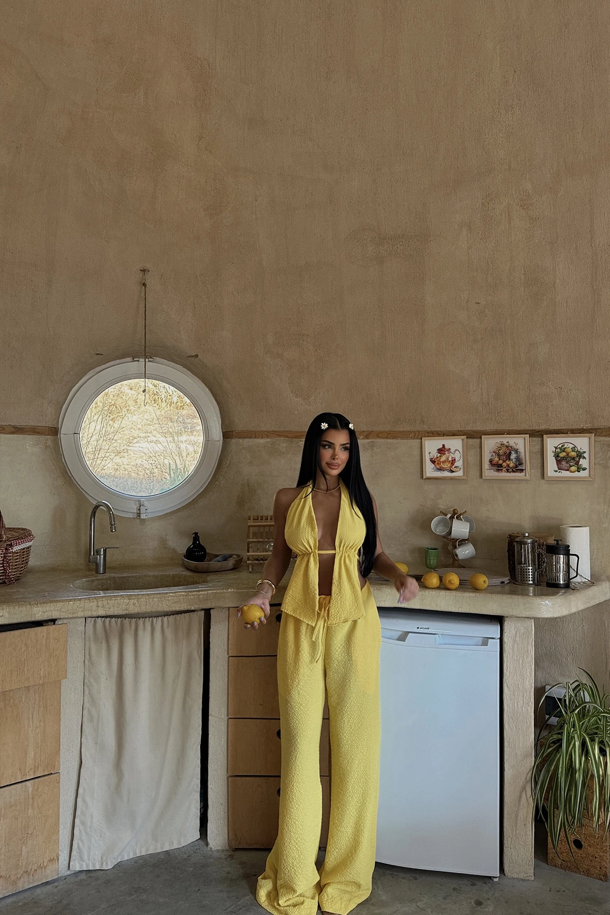 Picture of Yellow Corset Detailed Crop Trouser Set