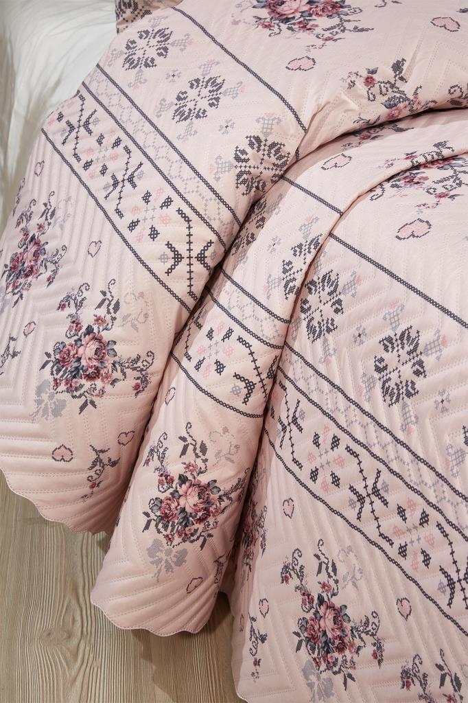 Picture of Ultrasonik Kapitoneli Kanaviçe Çift Kişilik Yatak Örtüsü Pudra