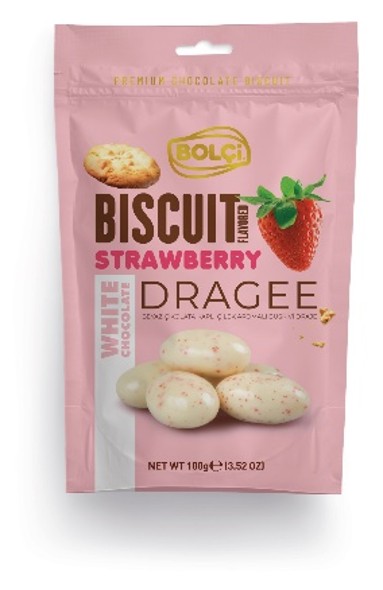 Picture of WHITE CHOCOLATE COVERED STRAWBERRY FLAVORED BISCUIT DRAGEE 100g