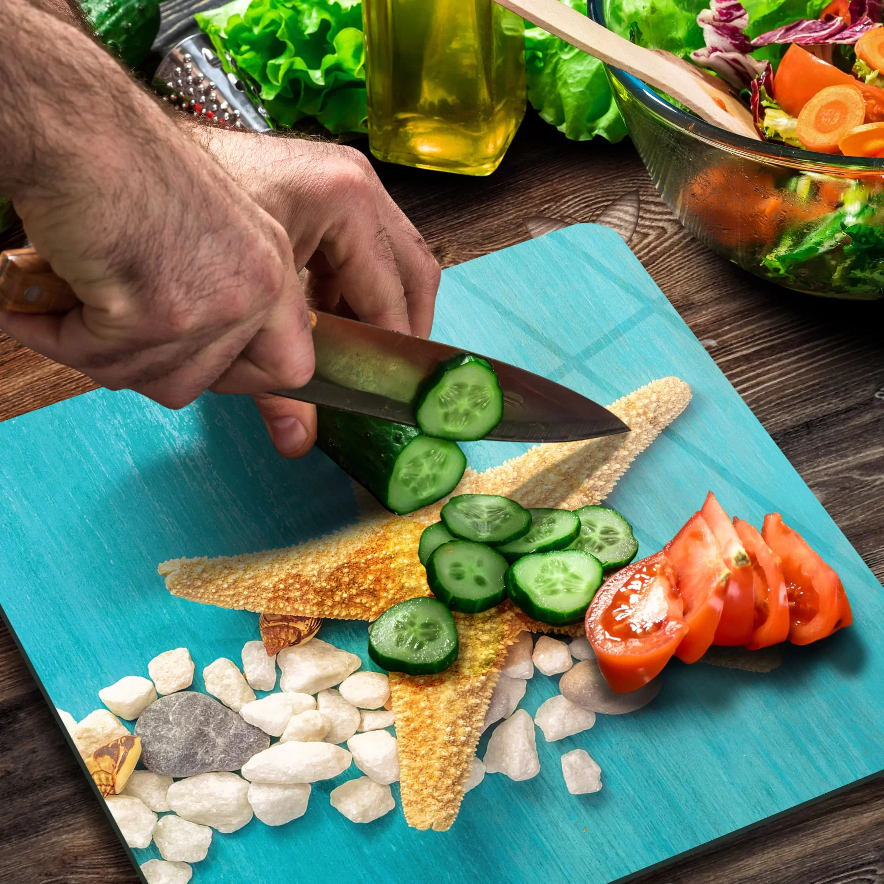 Picture of Decovetro Cam Kesme Tahtası ve Sunumluk Kare Turkuaz Deniz Yıldızı Desenli 30x30 Cm