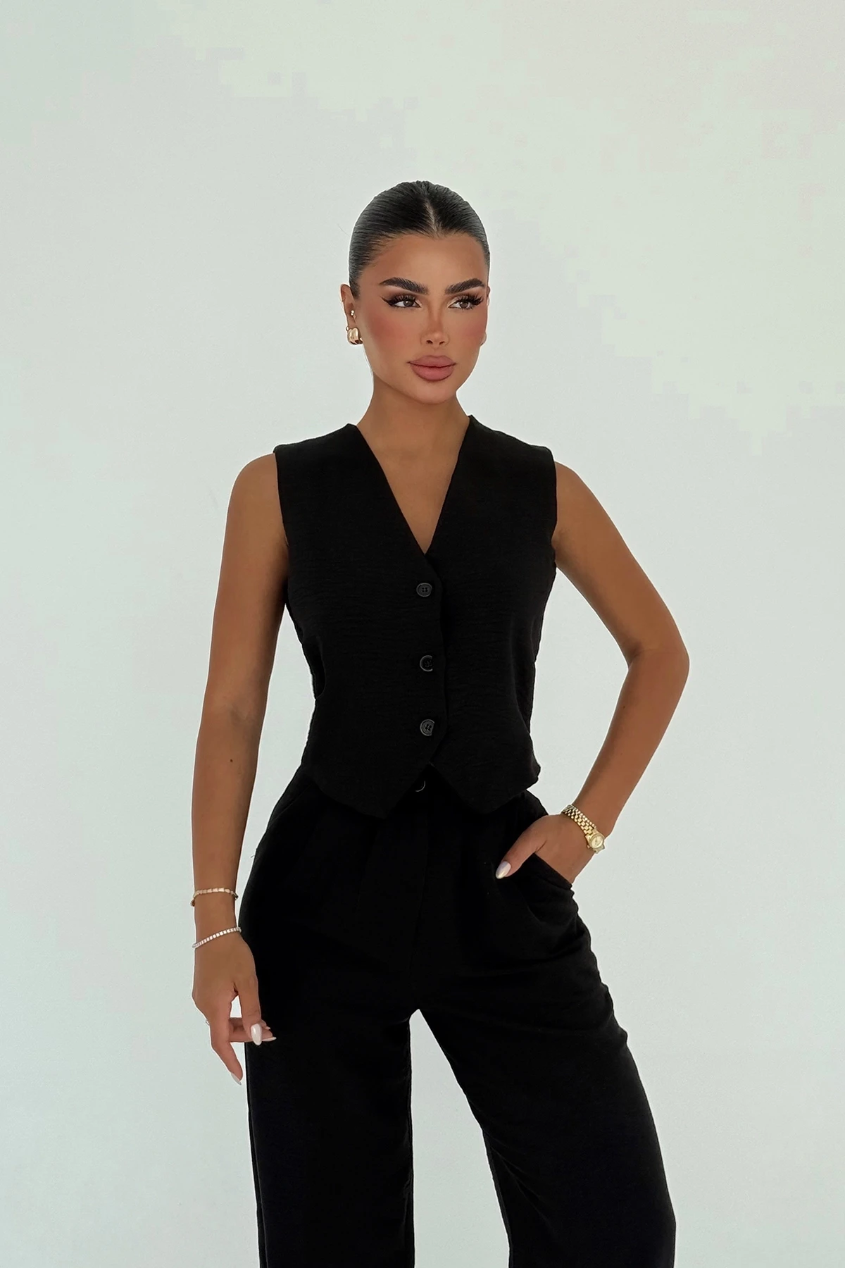 Picture of Black Button Detail Trouser Suit