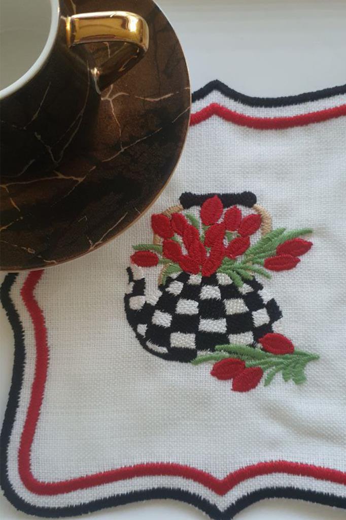 Picture of Çaycım Nakışlı Keten Kare Bardak Altlığı Seti 6 Lı