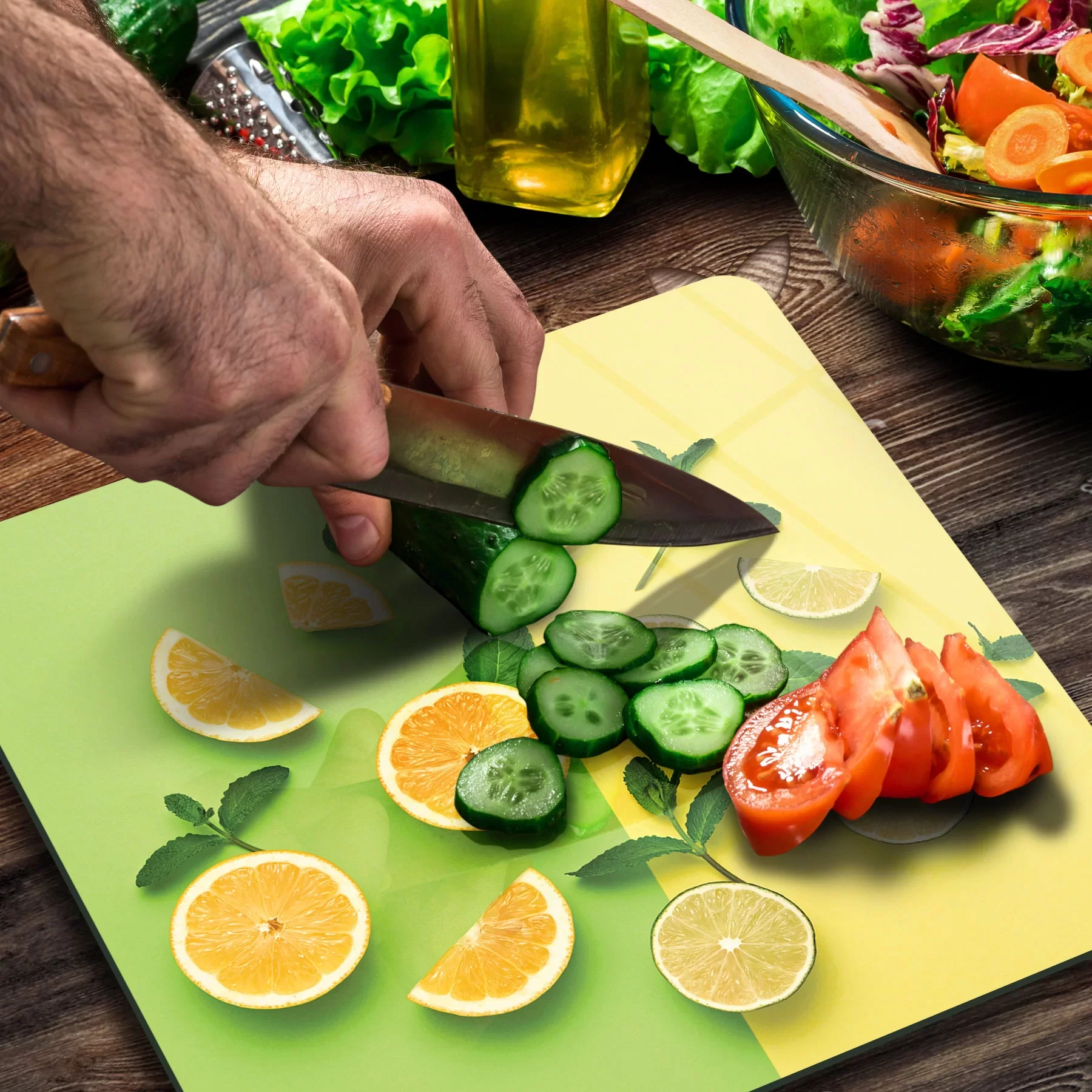 Picture of Decovetro Cam Kesme Tahtası ve Sunumluk Kare Sarı Yeşil Limon Desenli 30x30 Cm