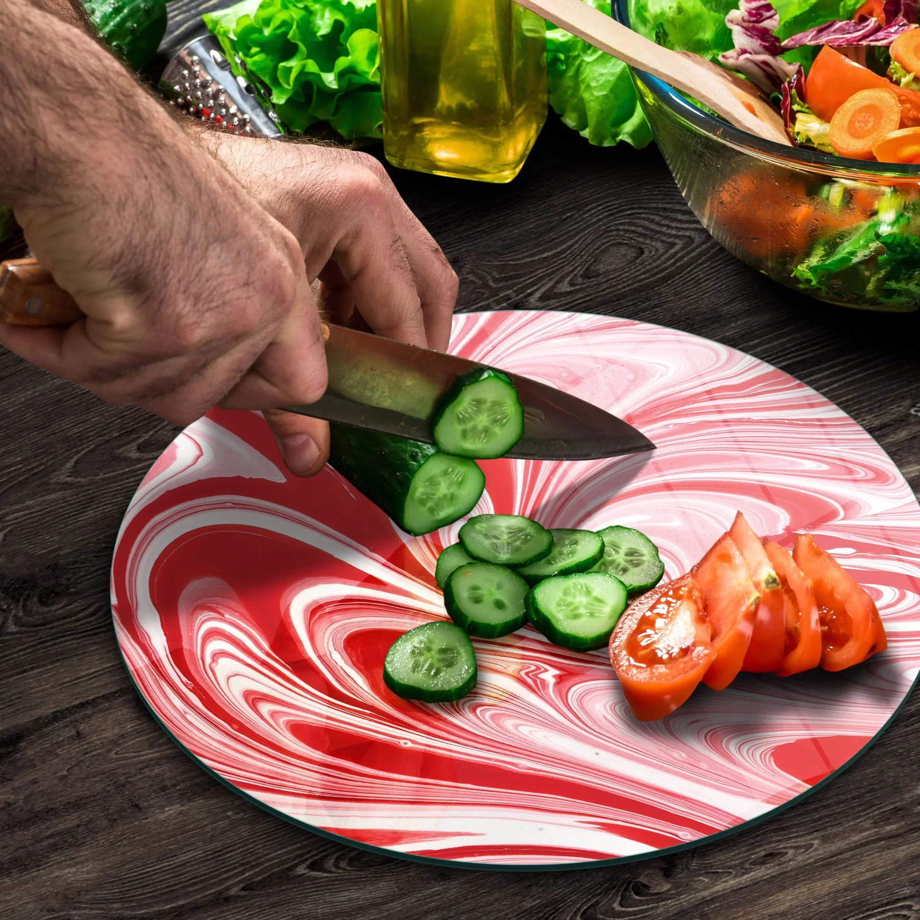 Picture of Decovetro Cam Kesme Tahtası ve Sunumluk Yuvarlak Kırmızı Dalga Desenli 30x30 Cm