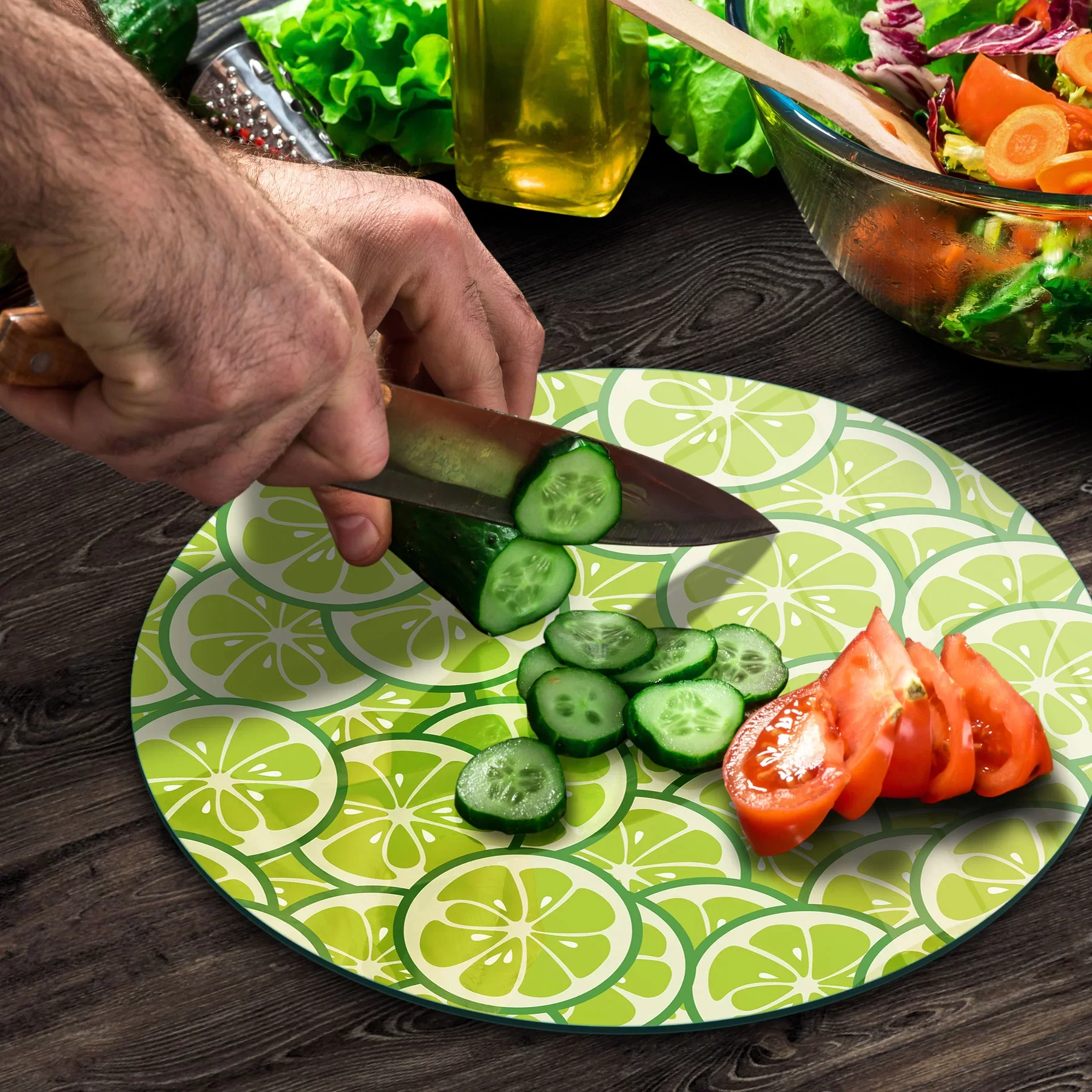 Picture of Decovetro Cam Kesme Tahtası ve Sunumluk Yuvarlak Yeşil Limon Desenli 30x30 Cm