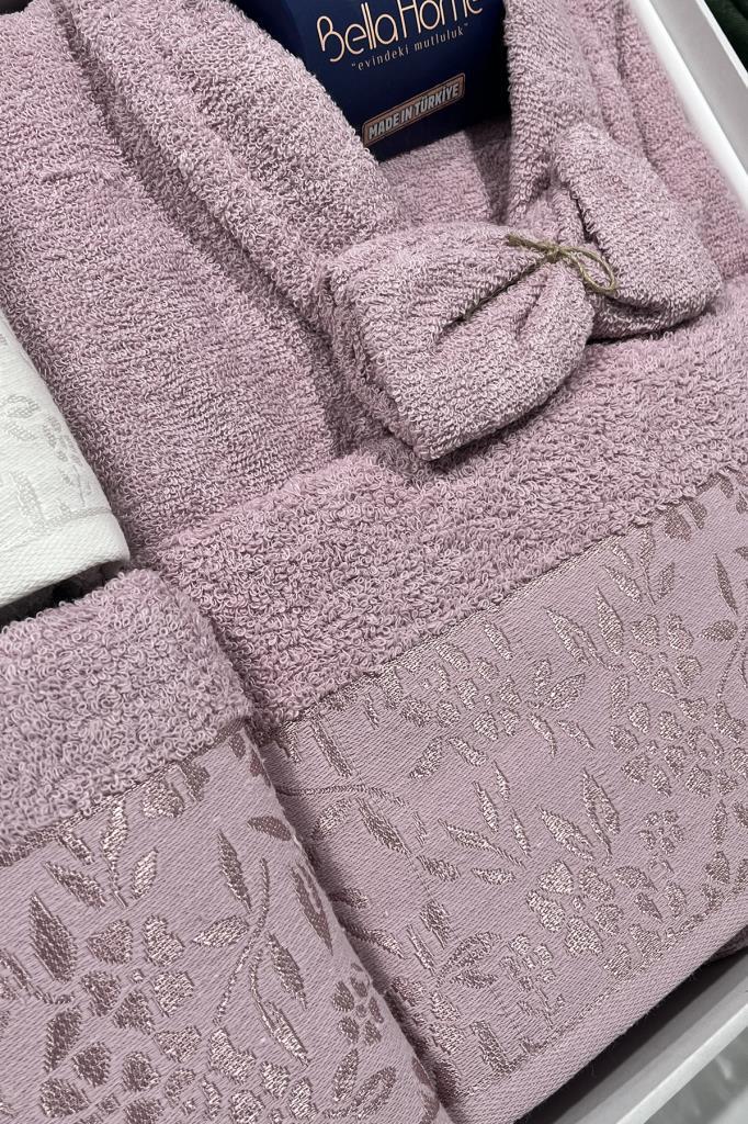 Picture of Platin Jakarlı 10 Parça Aile Bornoz Takımı Krem Mürdüm