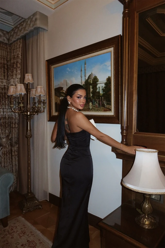 Picture of Black Isadora Rose Detailed Long Satin Dress