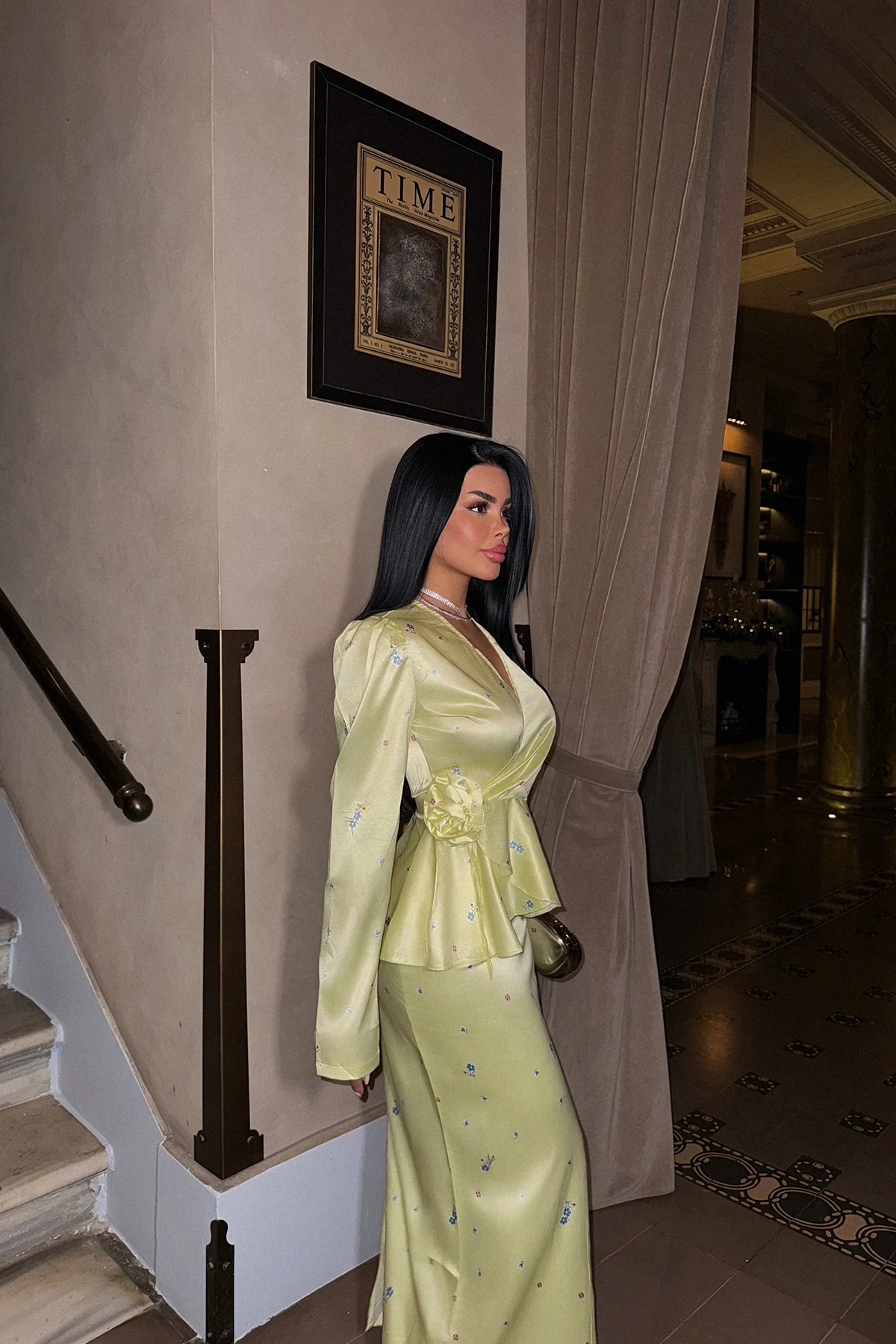 Picture of Yellow Rose Detail Satin Set