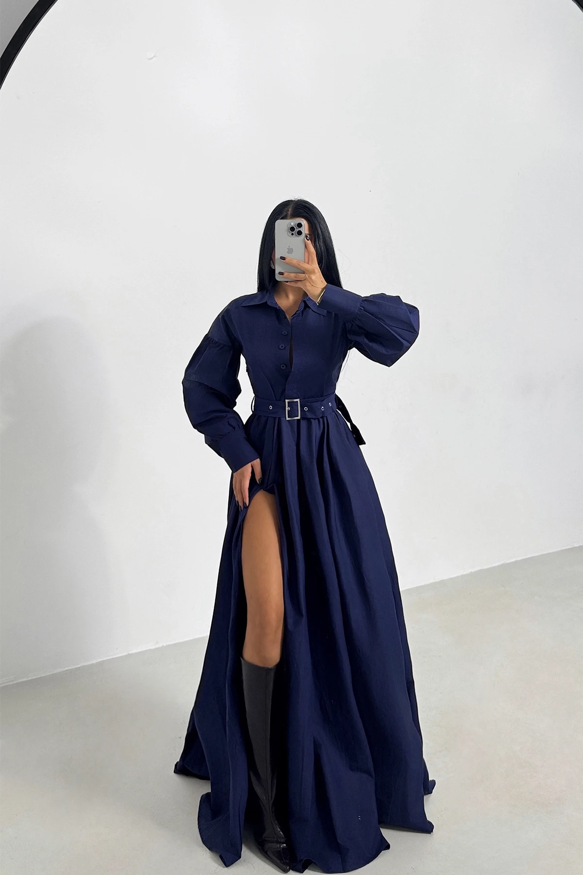 Picture of Navy Blue Belt Detail Long Dress
