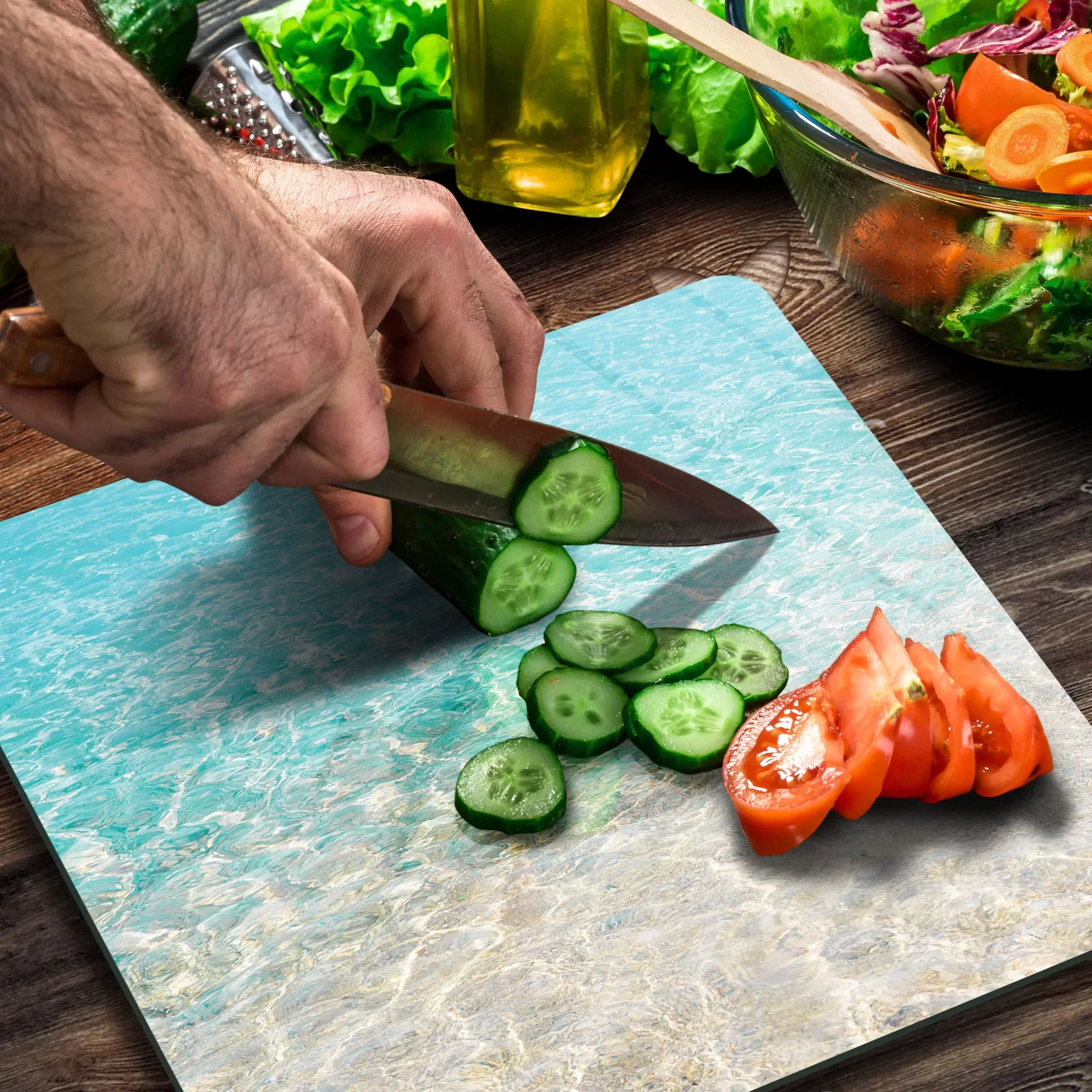 Picture of Decovetro Cam Kesme Tahtası ve Sunumluk Kare Deniz Kum Sahil Desenli 30x30 Cm