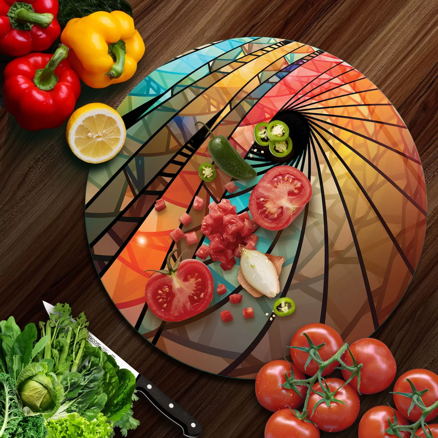 Picture of Decovetro Cam Kesme Tahtası ve Sunumluk Yuvarlak Geometrik Desenli 30x30 Cm