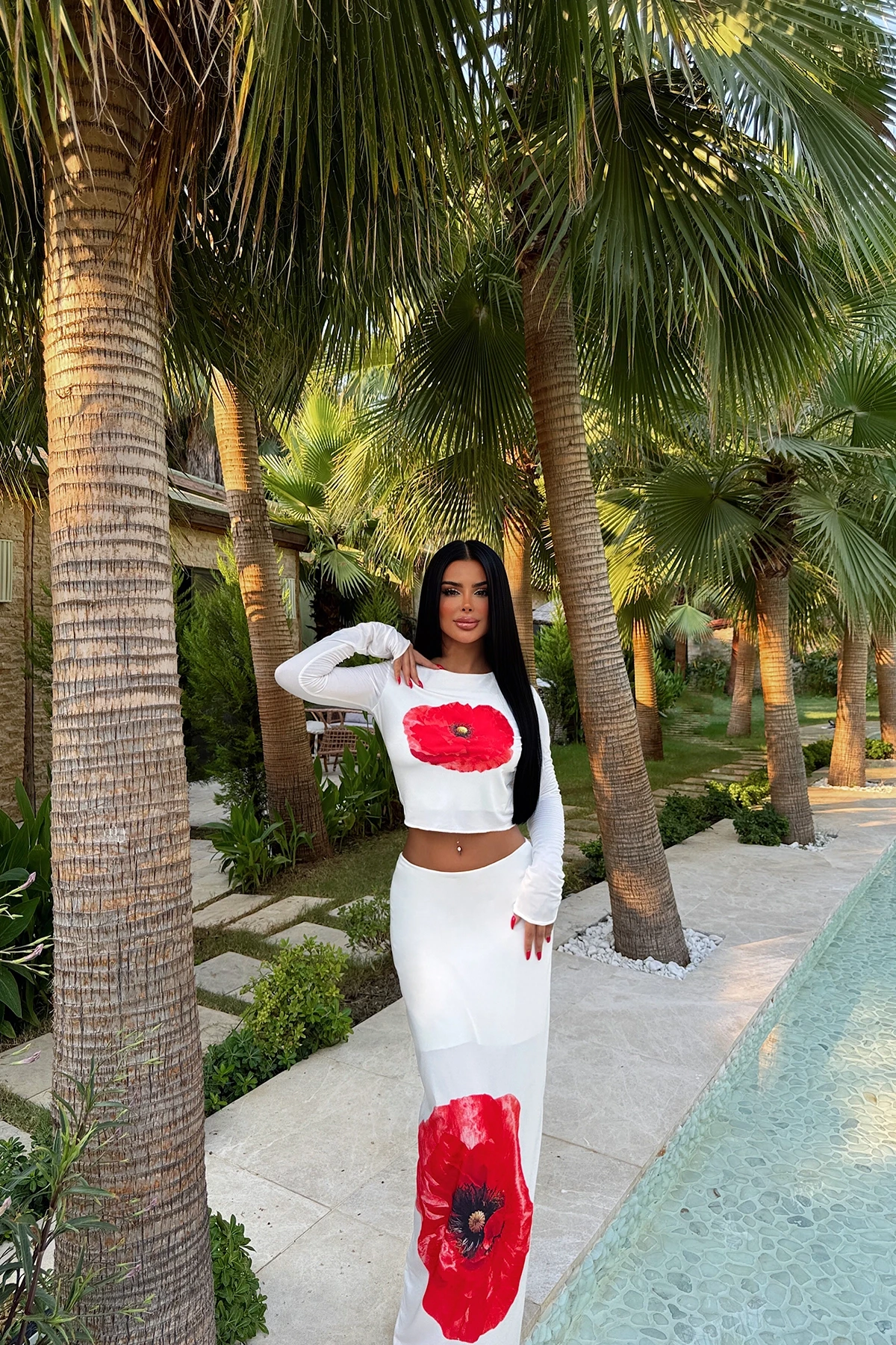 Picture of White Rose Detail Skirt Suit