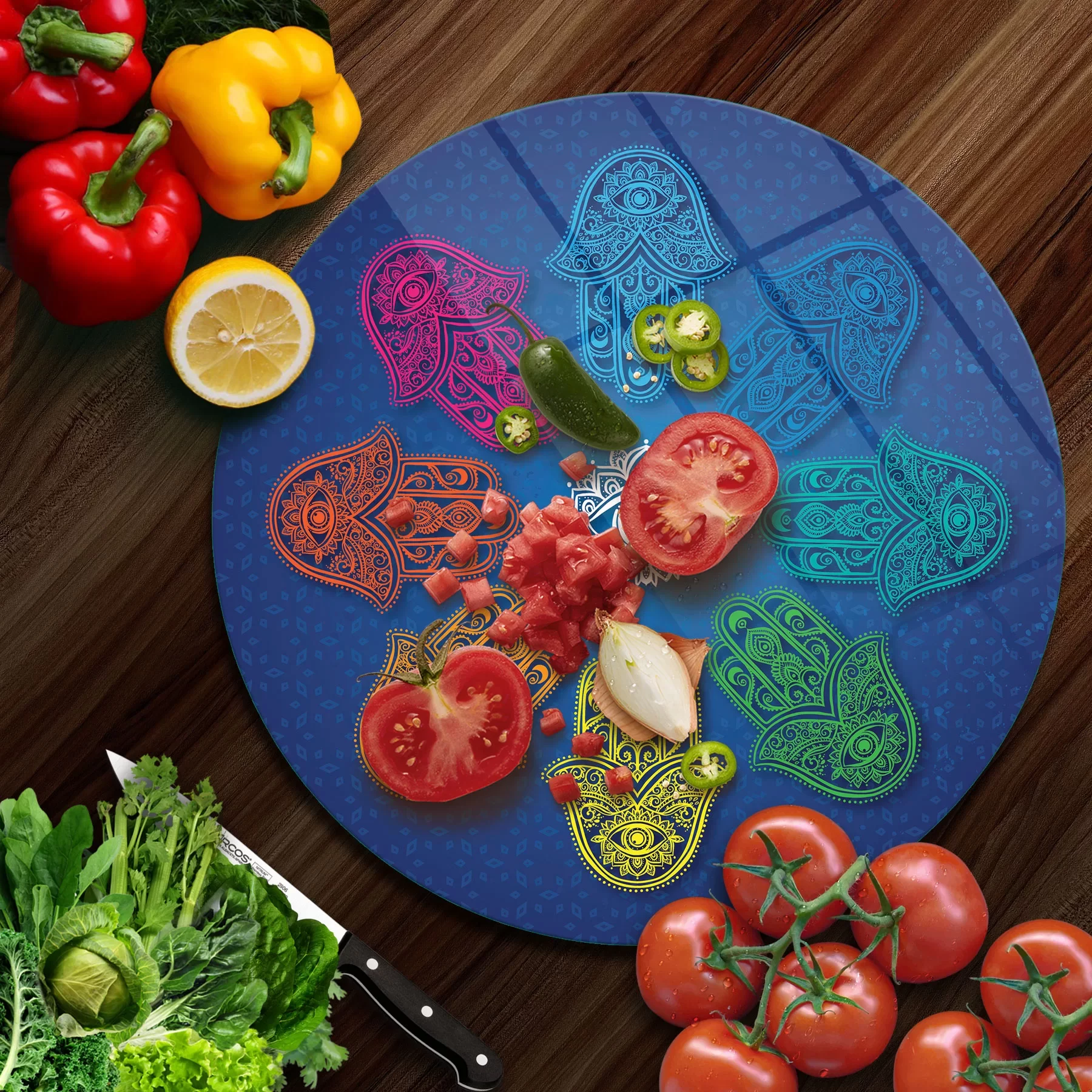 Picture of Decovetro Cam Kesme Tahtası ve Sunumluk Yuvarlak Fatma Ana Eli Desenli 30x30 Cm