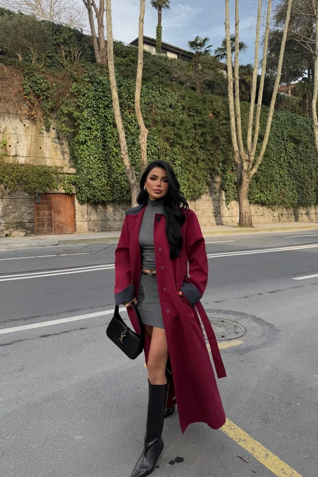 Picture of Burgundy Shirt Collar Long Trench Coat