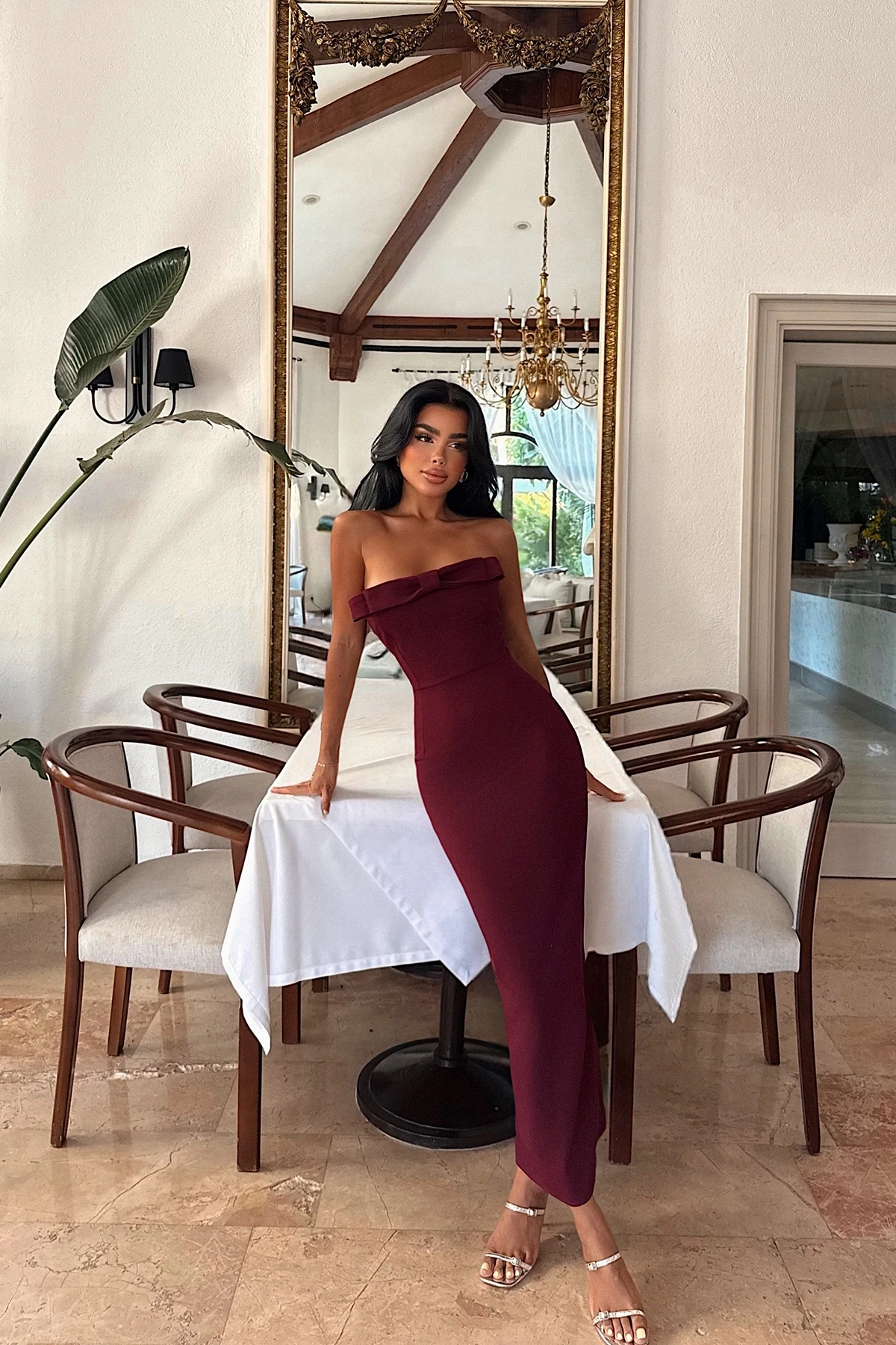 Picture of Strapless Midi Dress in Cherry Maroon